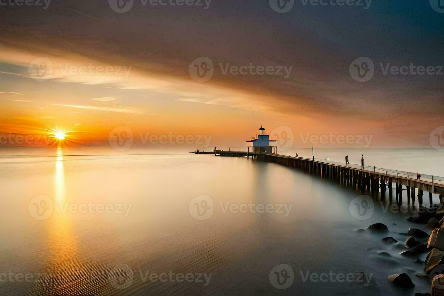 une longue exposition photographier de une phare à le coucher du soleil. généré par ai photo