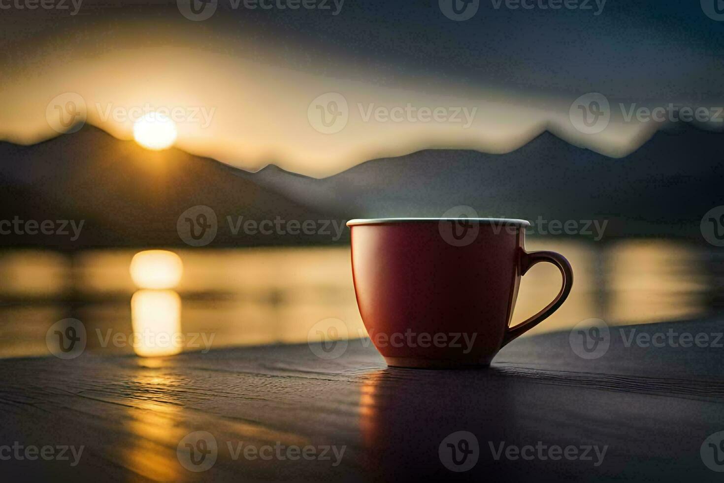 une rouge café tasse est assis sur une en bois table dans de face de une lac. généré par ai photo