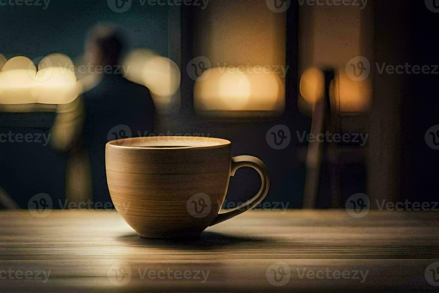 une café tasse sur une table dans de face de une la fenêtre. généré par ai photo