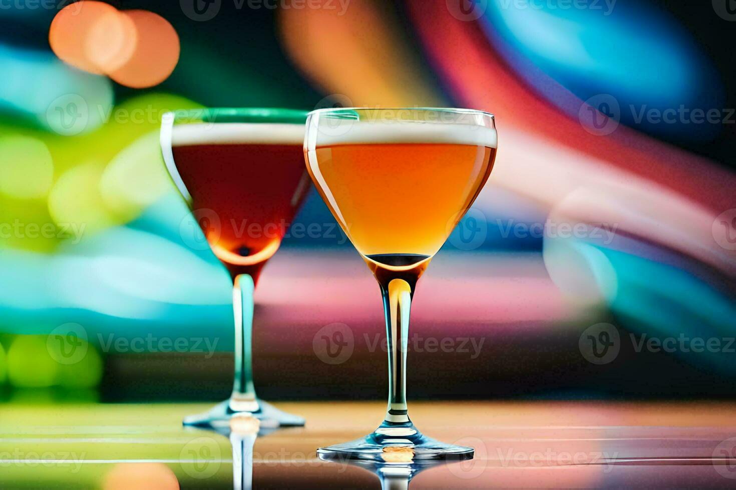 deux des lunettes de de l'alcool sur une table avec une flou Contexte. généré par ai photo