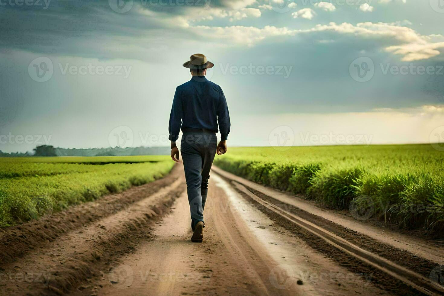 une homme dans une chapeau des promenades vers le bas une saleté route. généré par ai photo