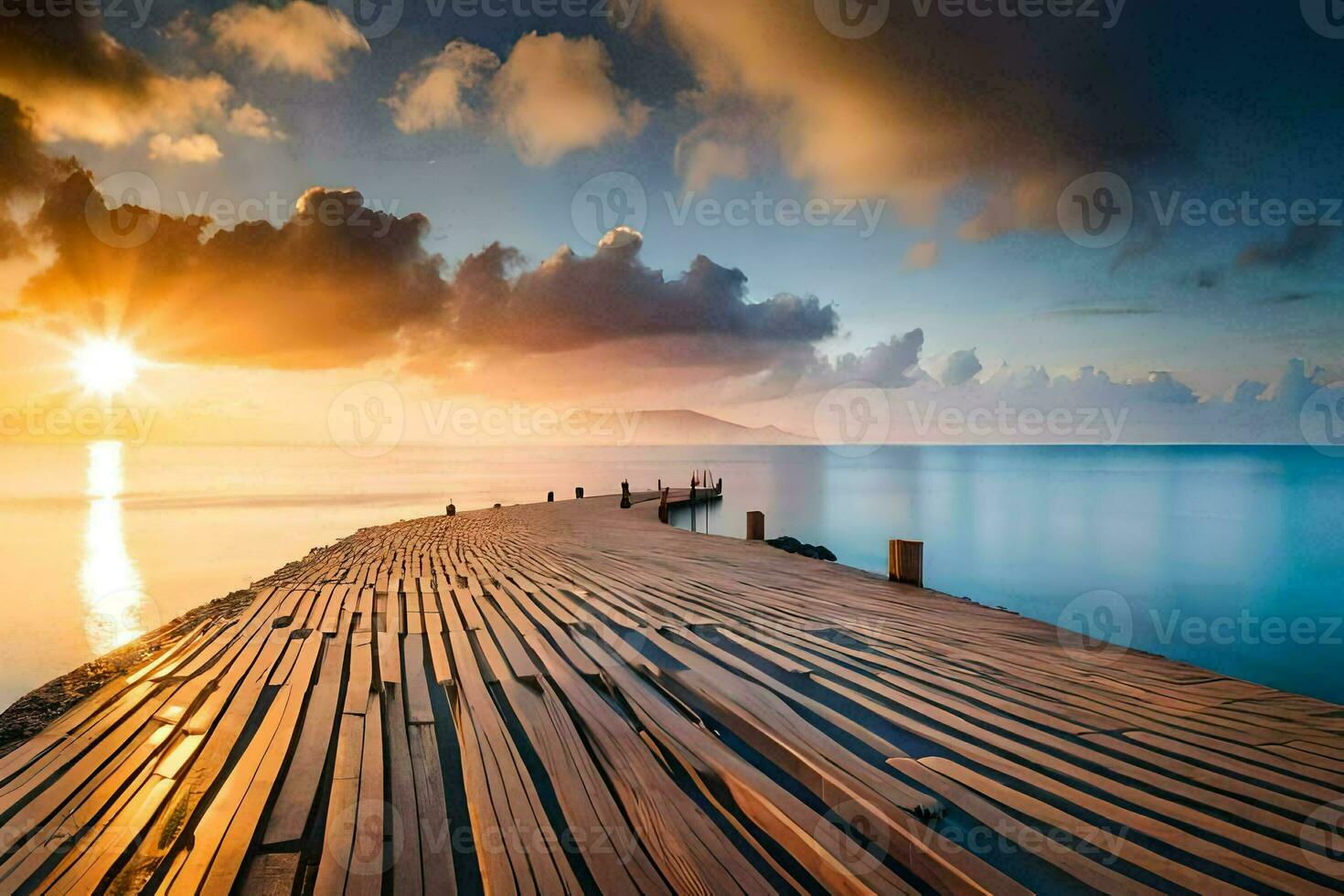 une en bois jetée dans le océan à le coucher du soleil. généré par ai photo