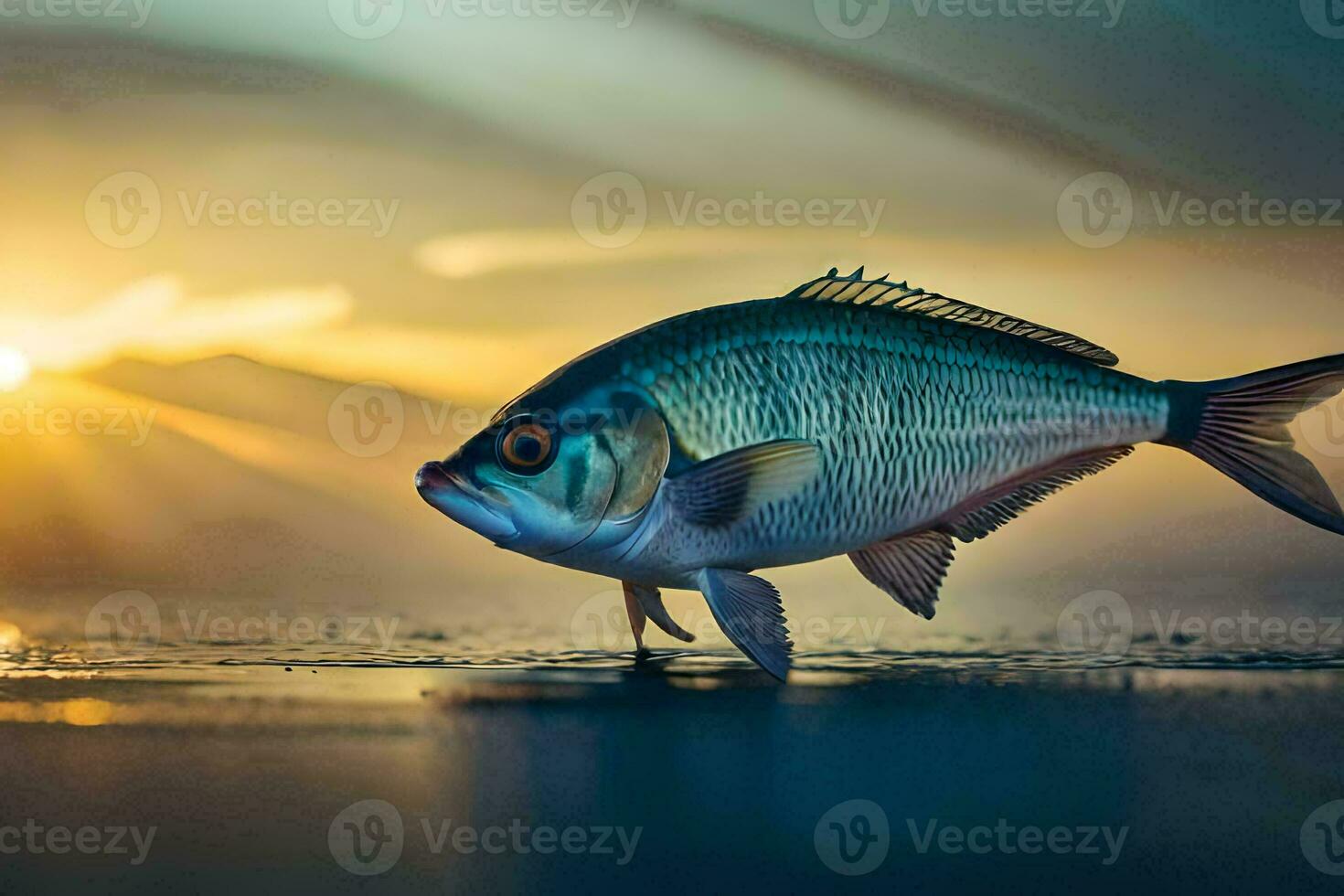 une poisson est permanent sur le l'eau à le coucher du soleil. généré par ai photo