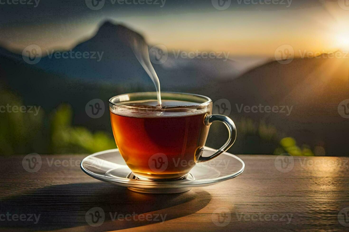 une tasse de thé sur une table dans le montagnes. généré par ai photo