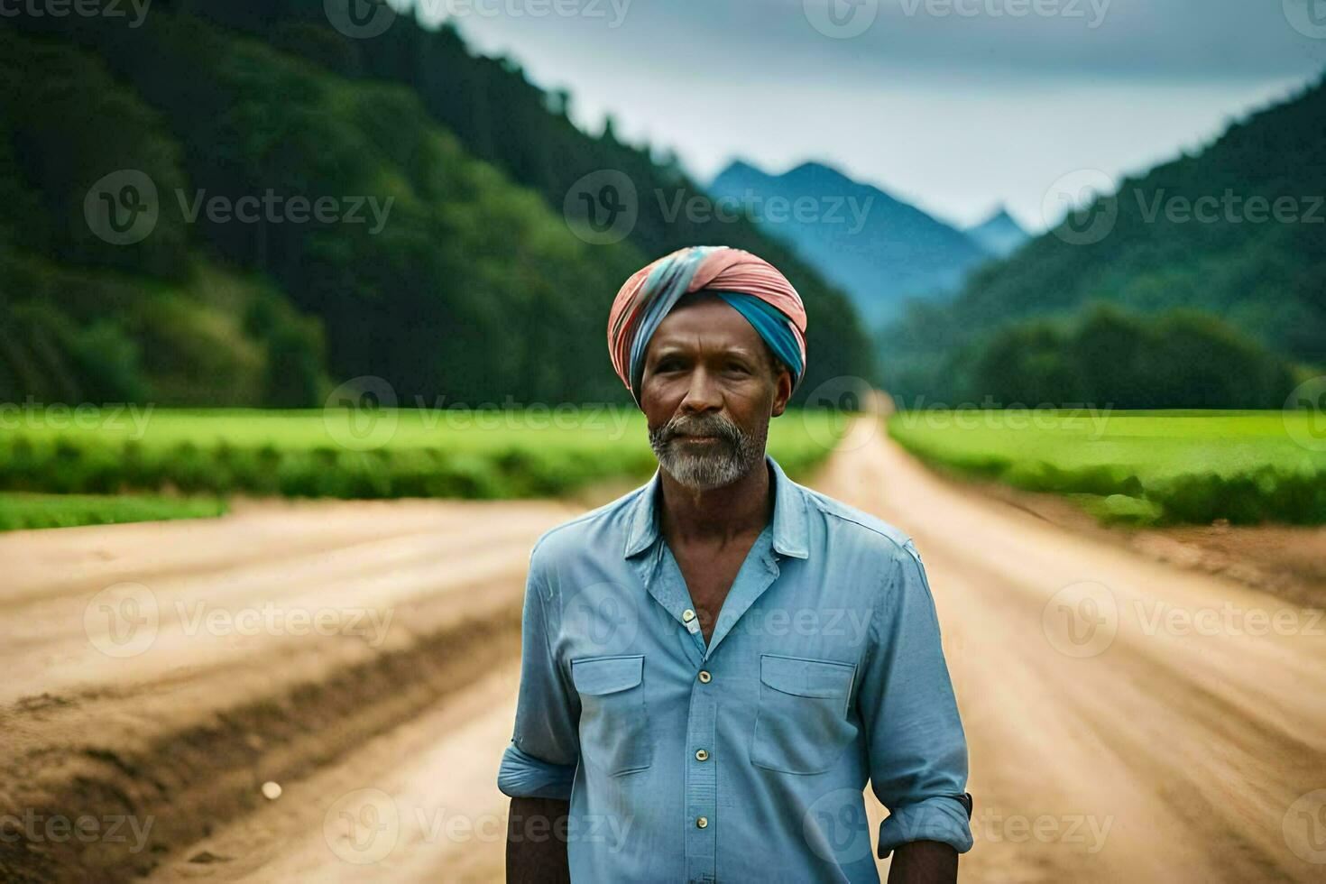 une homme dans une turban permanent sur une saleté route. généré par ai photo