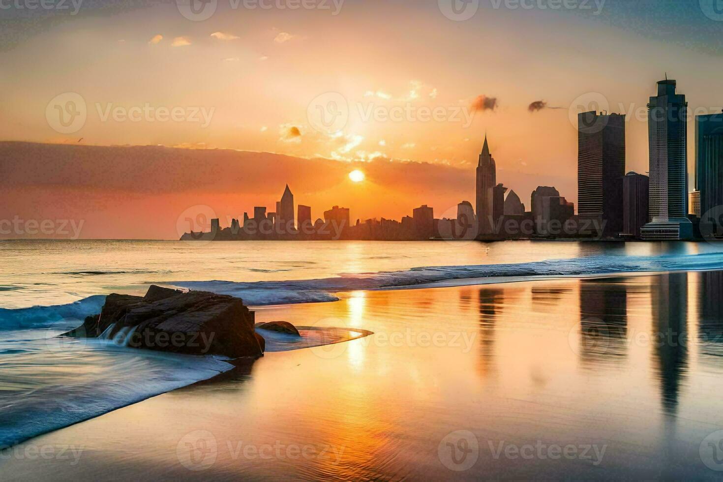 le Soleil ensembles plus de une ville horizon et plage. généré par ai photo