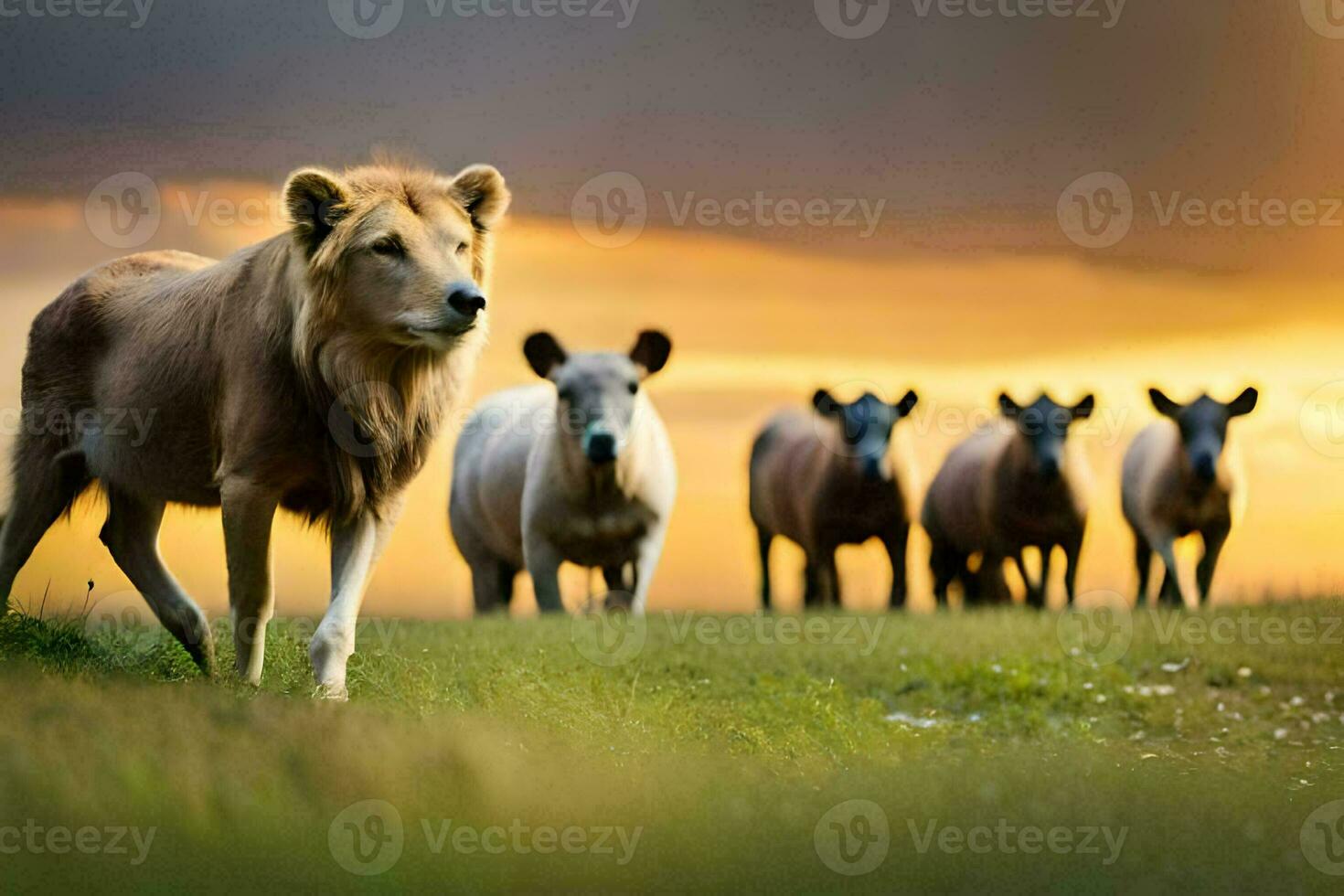 une Lion et une troupeau de mouton marcher ensemble à le coucher du soleil. généré par ai photo