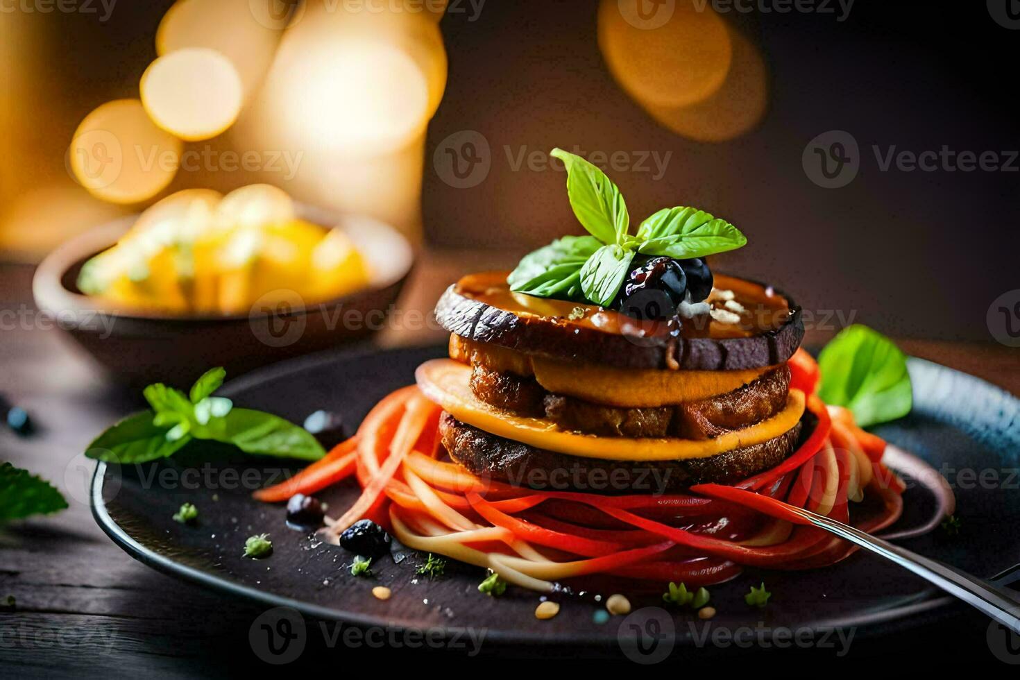 une assiette avec une sandwich et nouilles. généré par ai photo