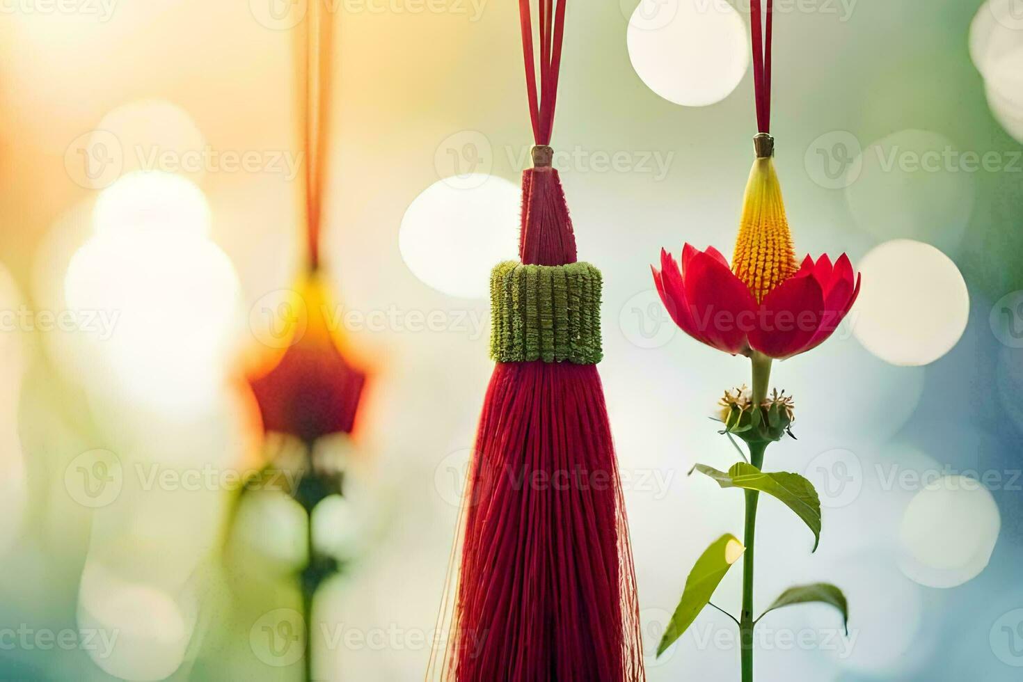 rouge et Jaune pompons pendaison de une chaîne. généré par ai photo