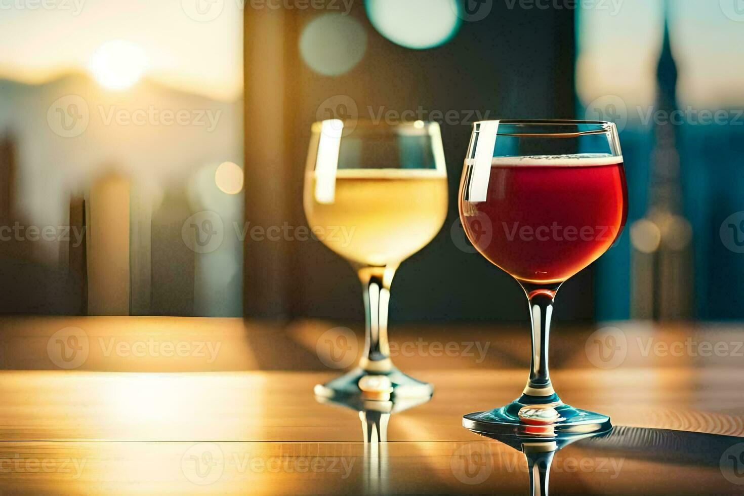 deux des lunettes de du vin sur une table avec une ville dans le Contexte. généré par ai photo