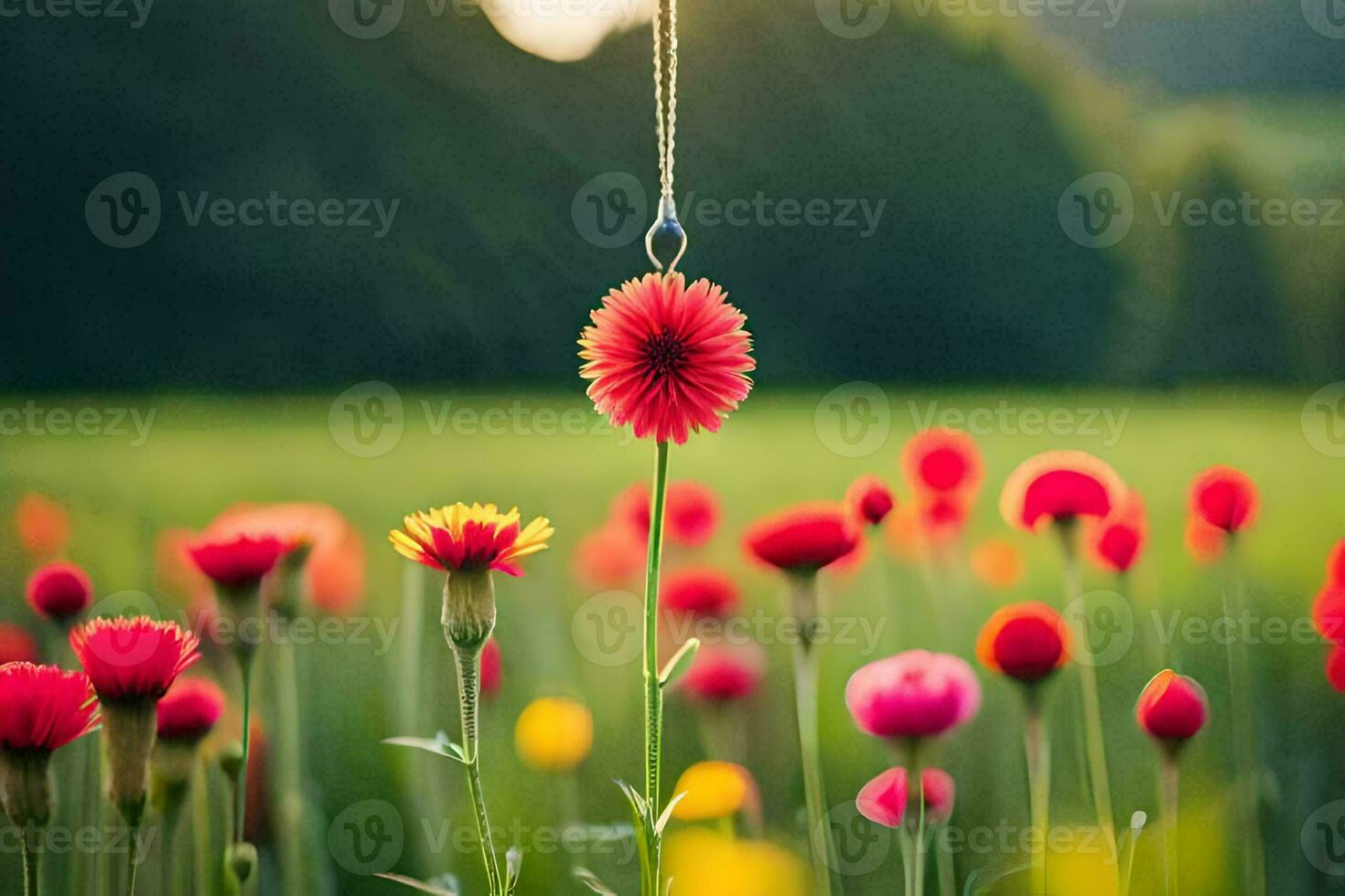 une Collier pendaison de une fleur dans une champ. généré par ai photo