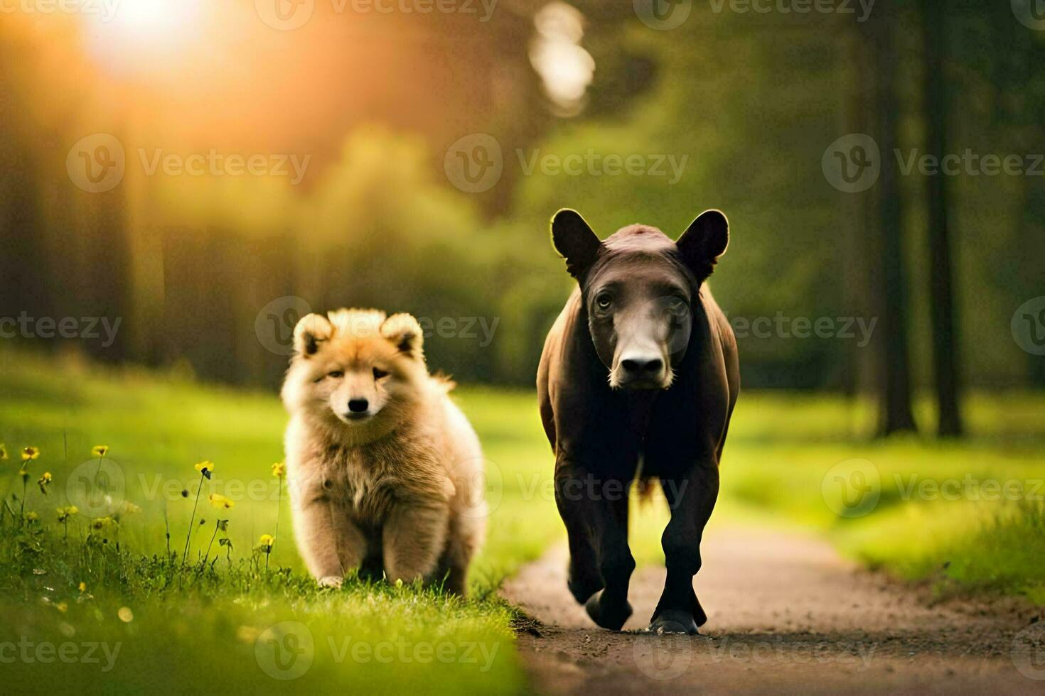 deux chiens en marchant vers le bas une chemin dans le les bois. généré par ai photo