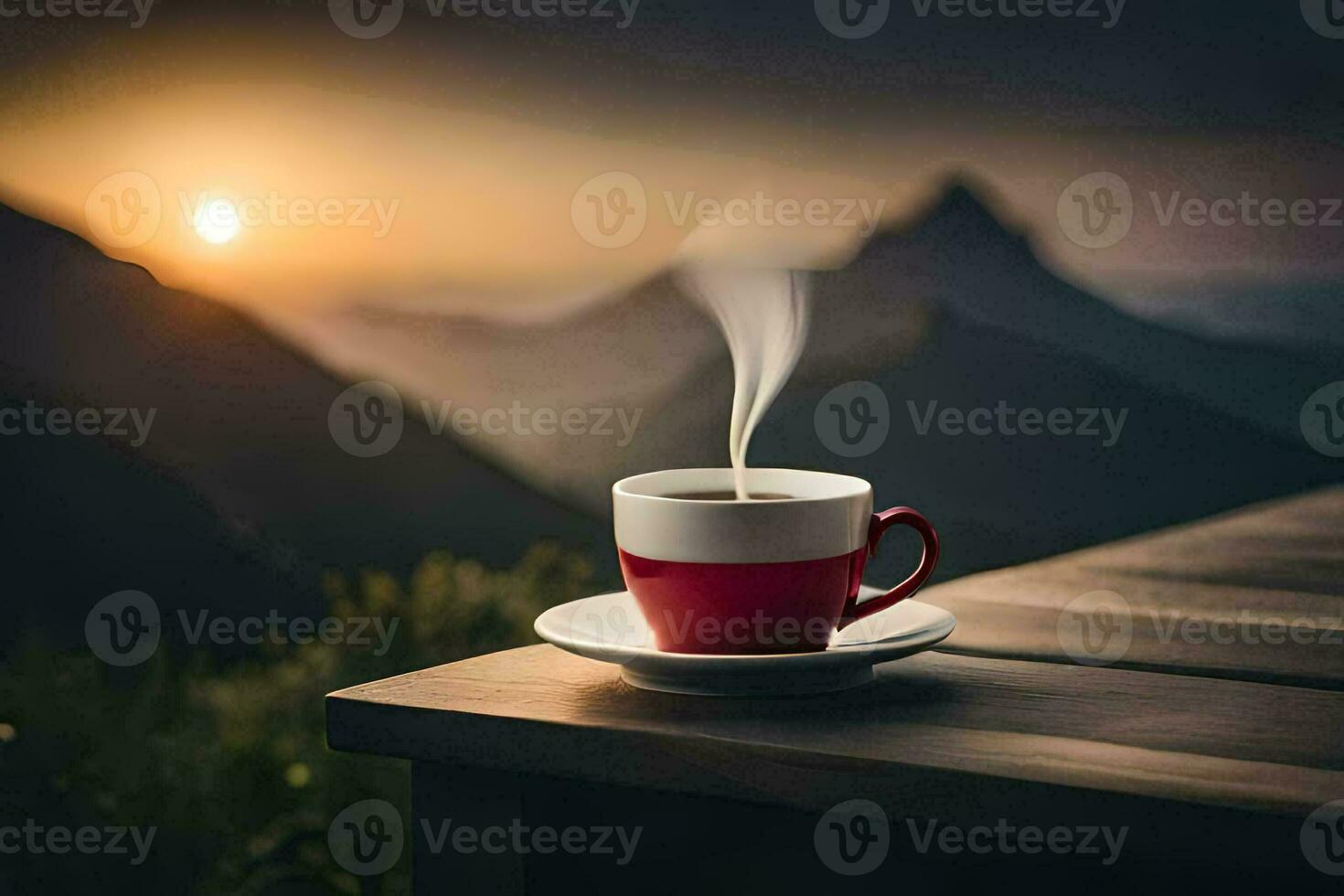 une tasse de café sur une en bois table dans le montagnes. généré par ai photo