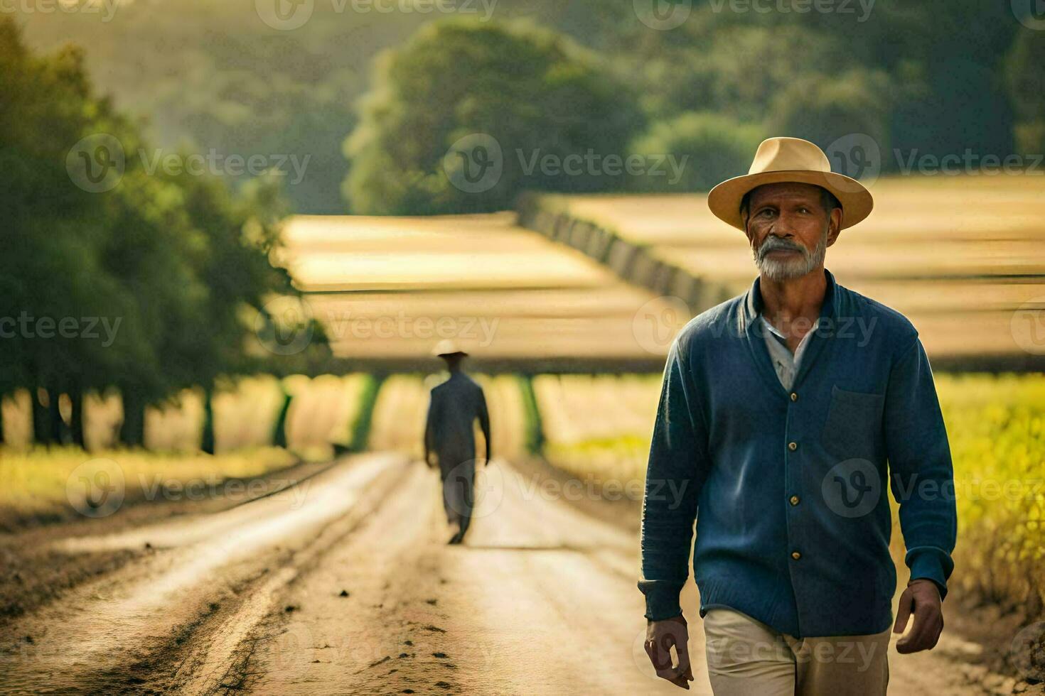 une homme dans une chapeau en marchant vers le bas une saleté route. généré par ai photo