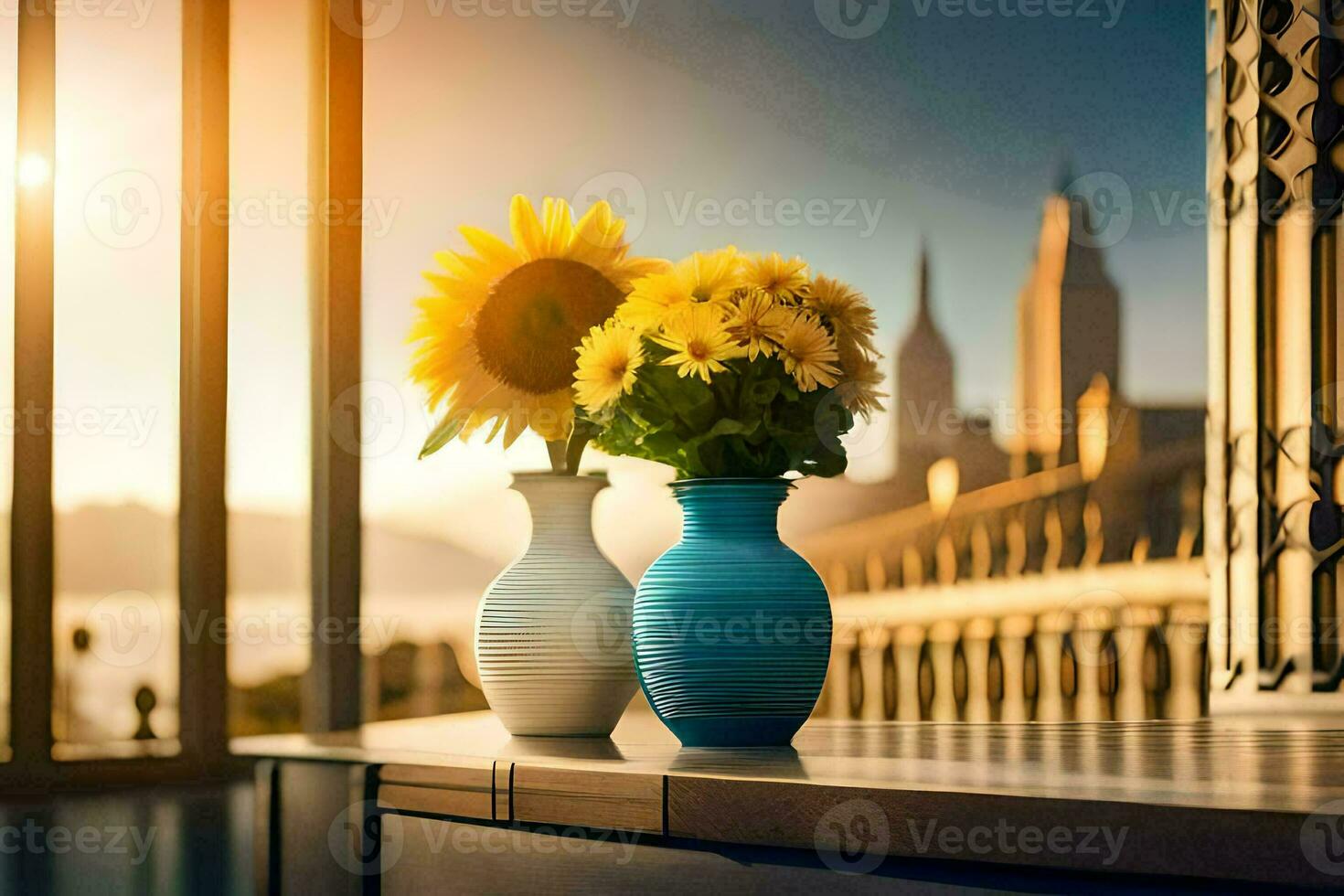 tournesols dans bleu des vases sur une balcon surplombant le ville. généré par ai photo