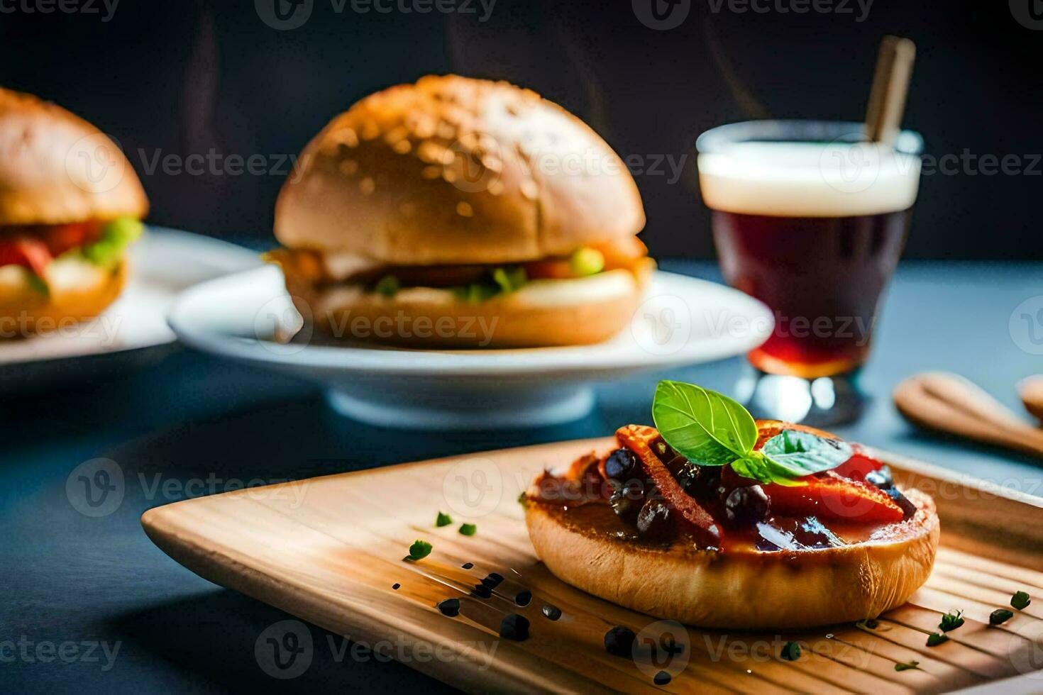 une assiette avec une Burger et une boire. généré par ai photo