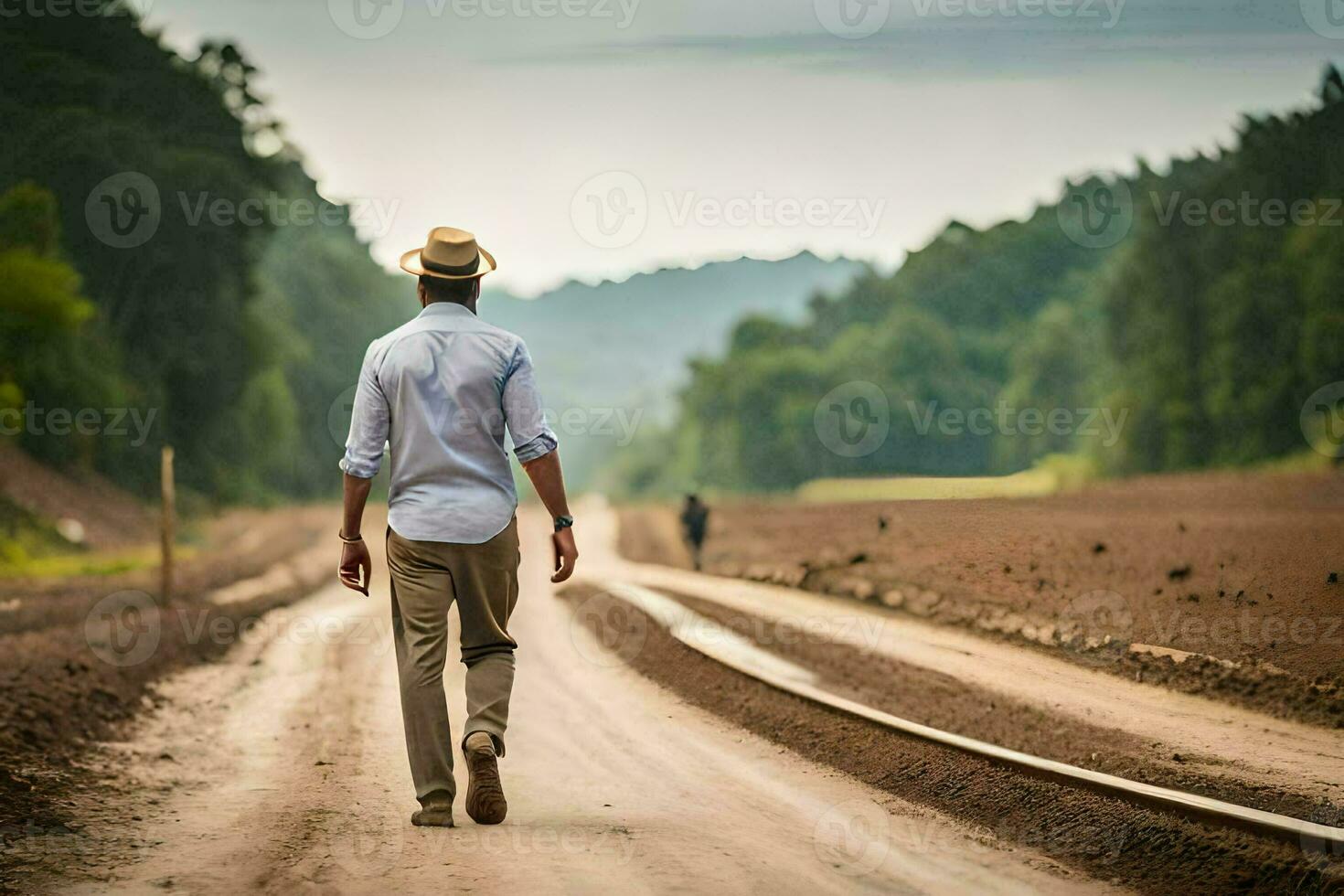 une homme en marchant vers le bas une saleté route avec une chapeau sur. généré par ai photo