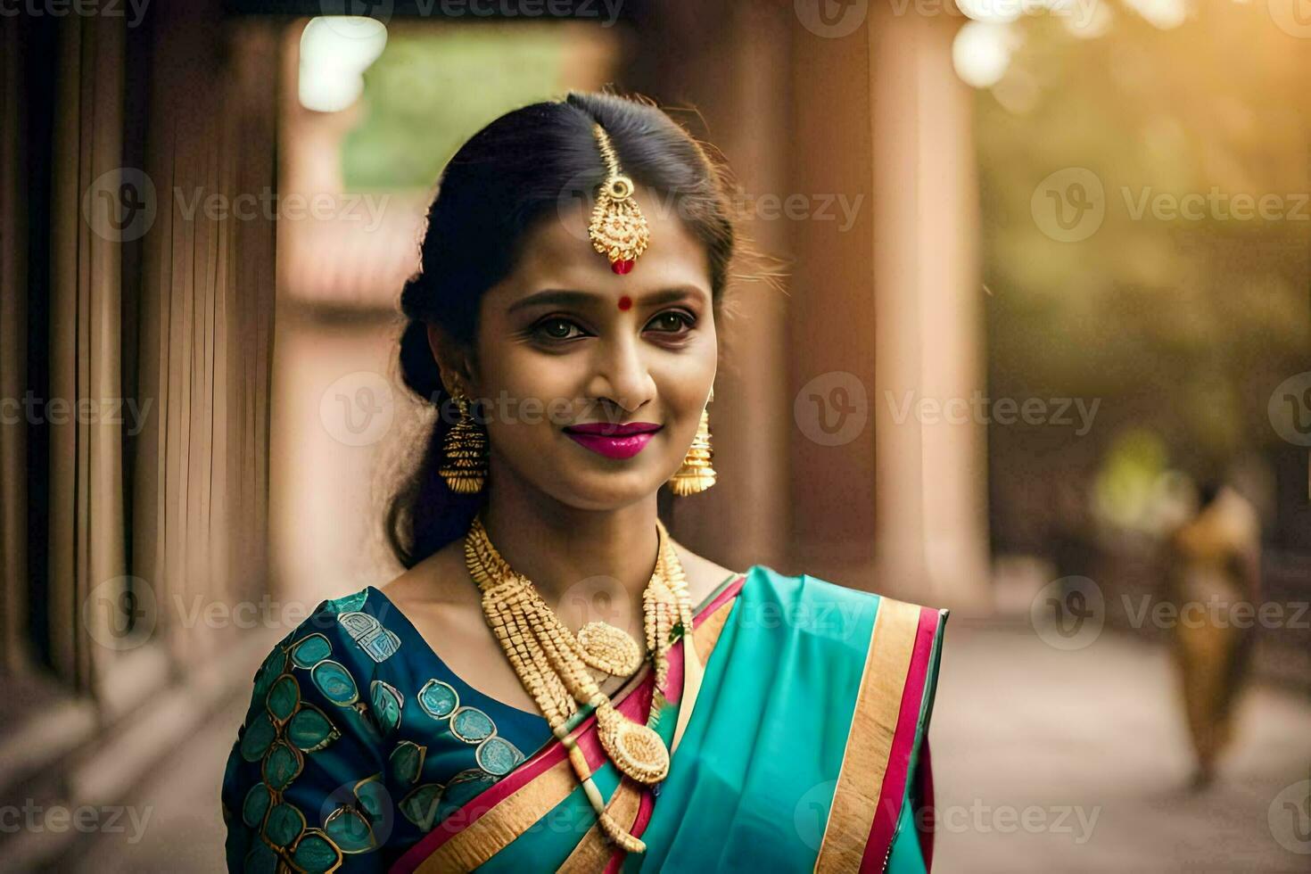 une femme dans une sari et or bijoux. généré par ai photo