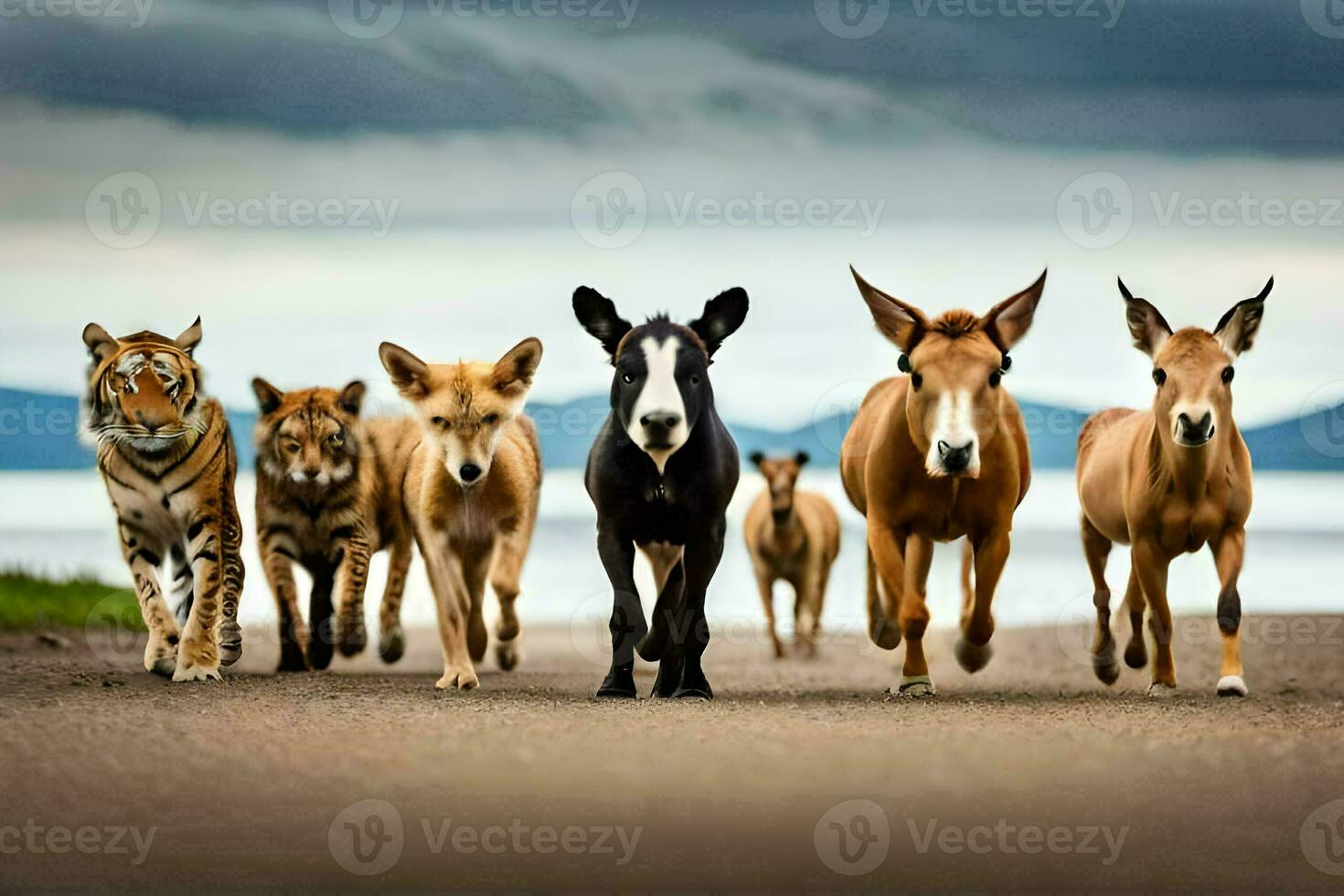 une groupe de animaux en marchant sur une route. généré par ai photo