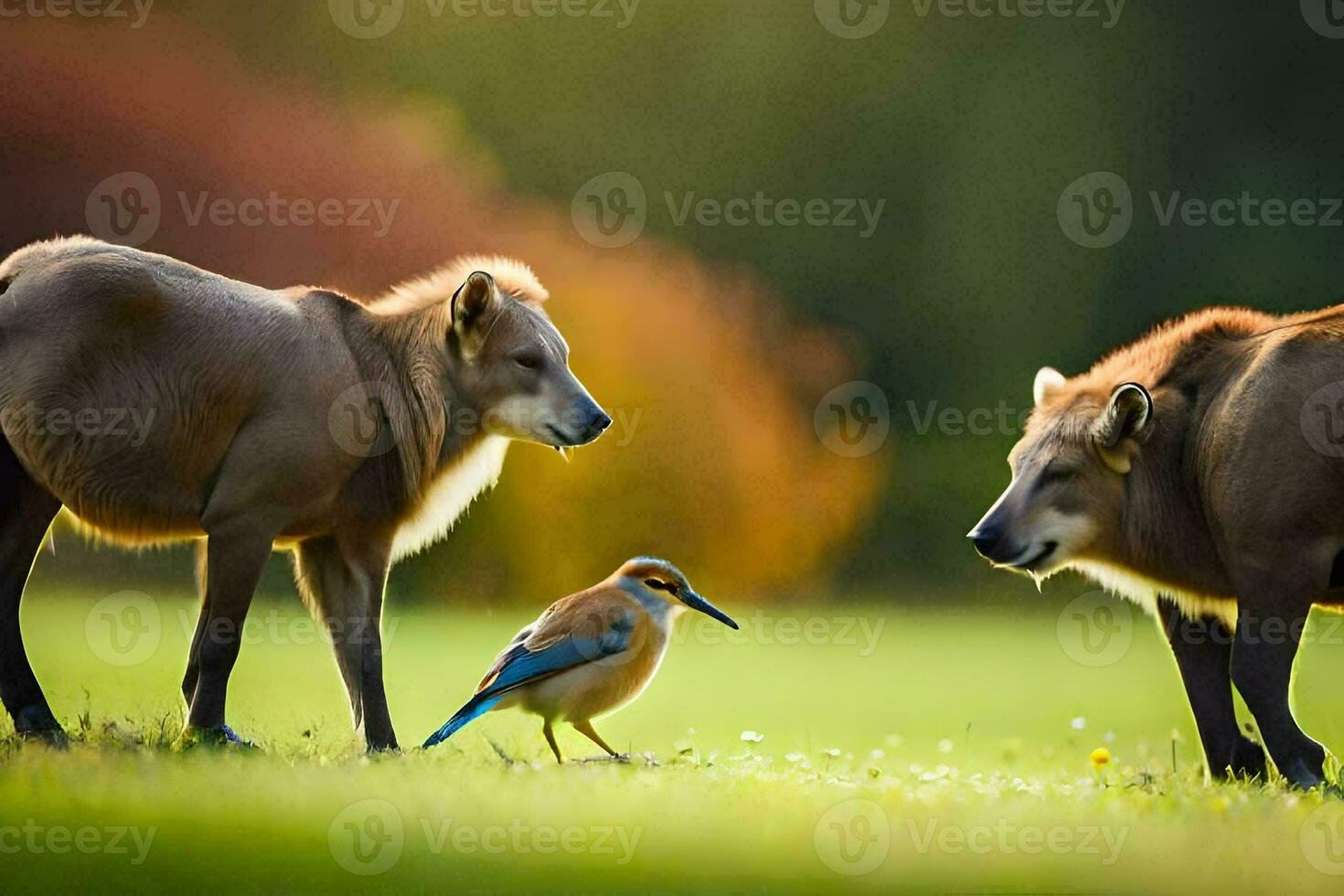 deux animaux sont permanent dans le herbe avec une oiseau. généré par ai photo
