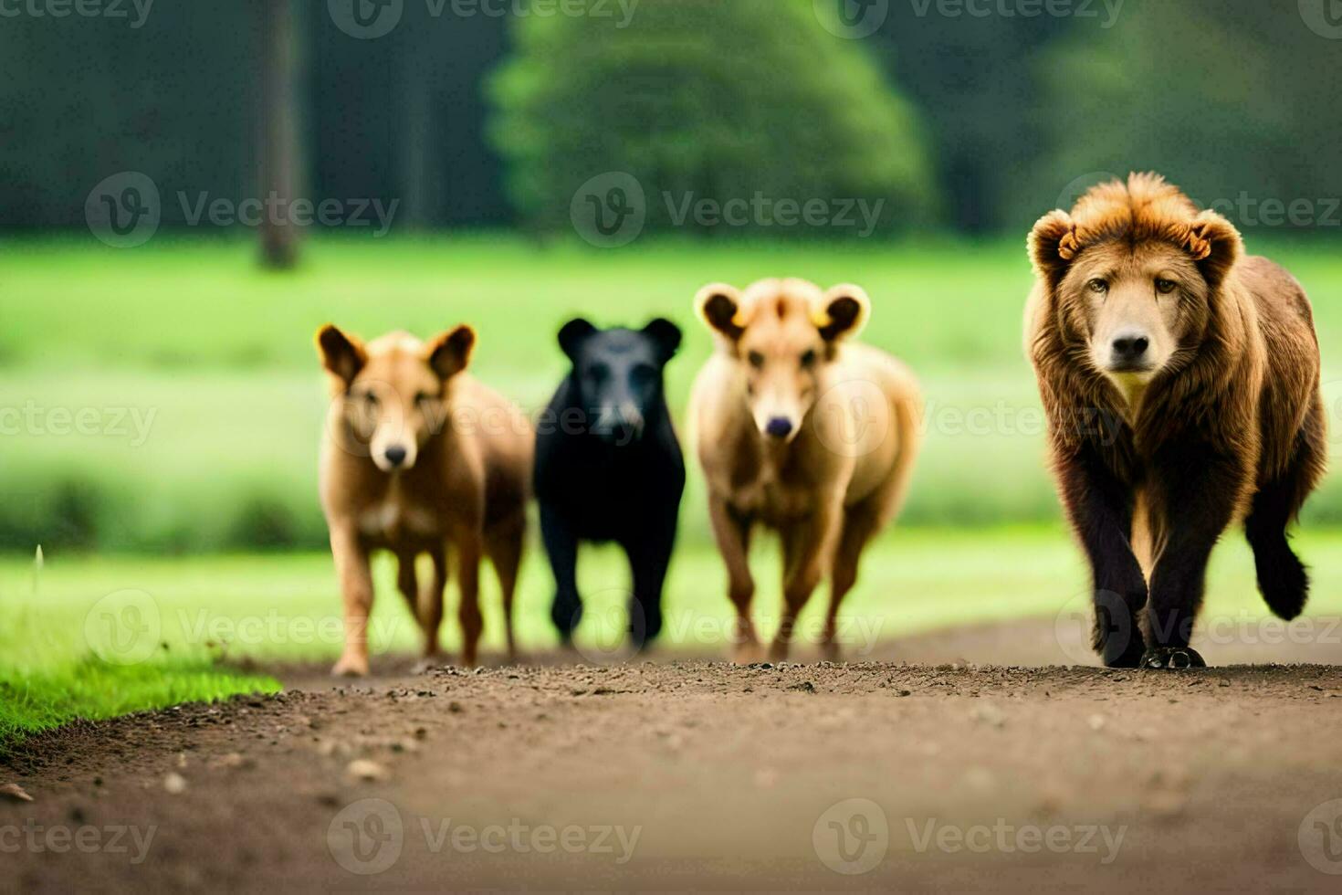 une groupe de marron et noir ours en marchant vers le bas une route. généré par ai photo