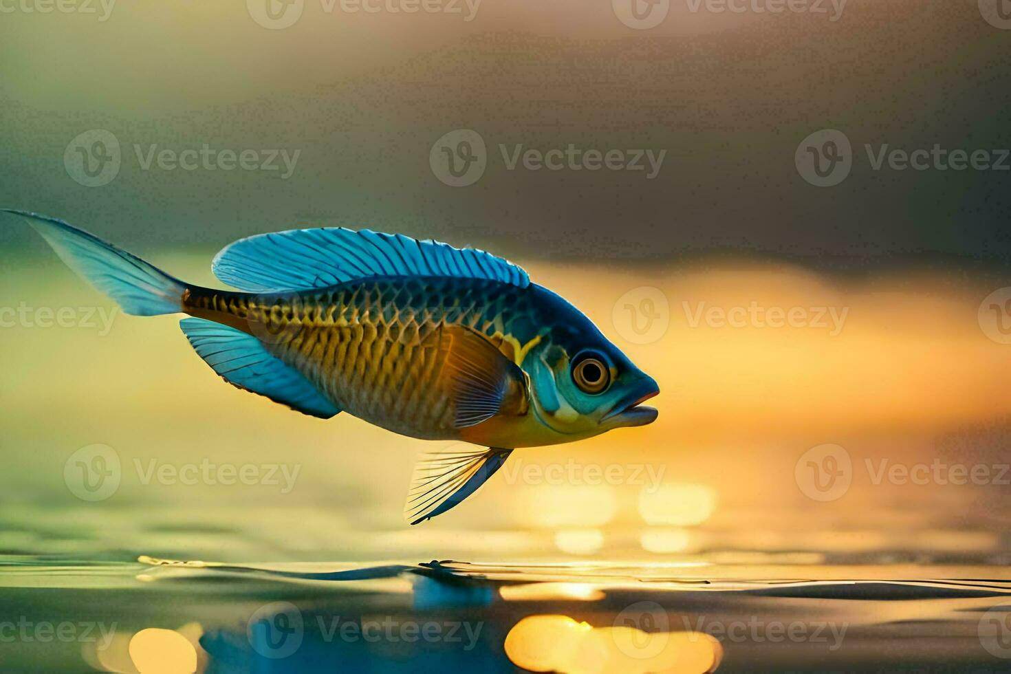 une poisson est en volant plus de le l'eau à le coucher du soleil. généré par ai photo