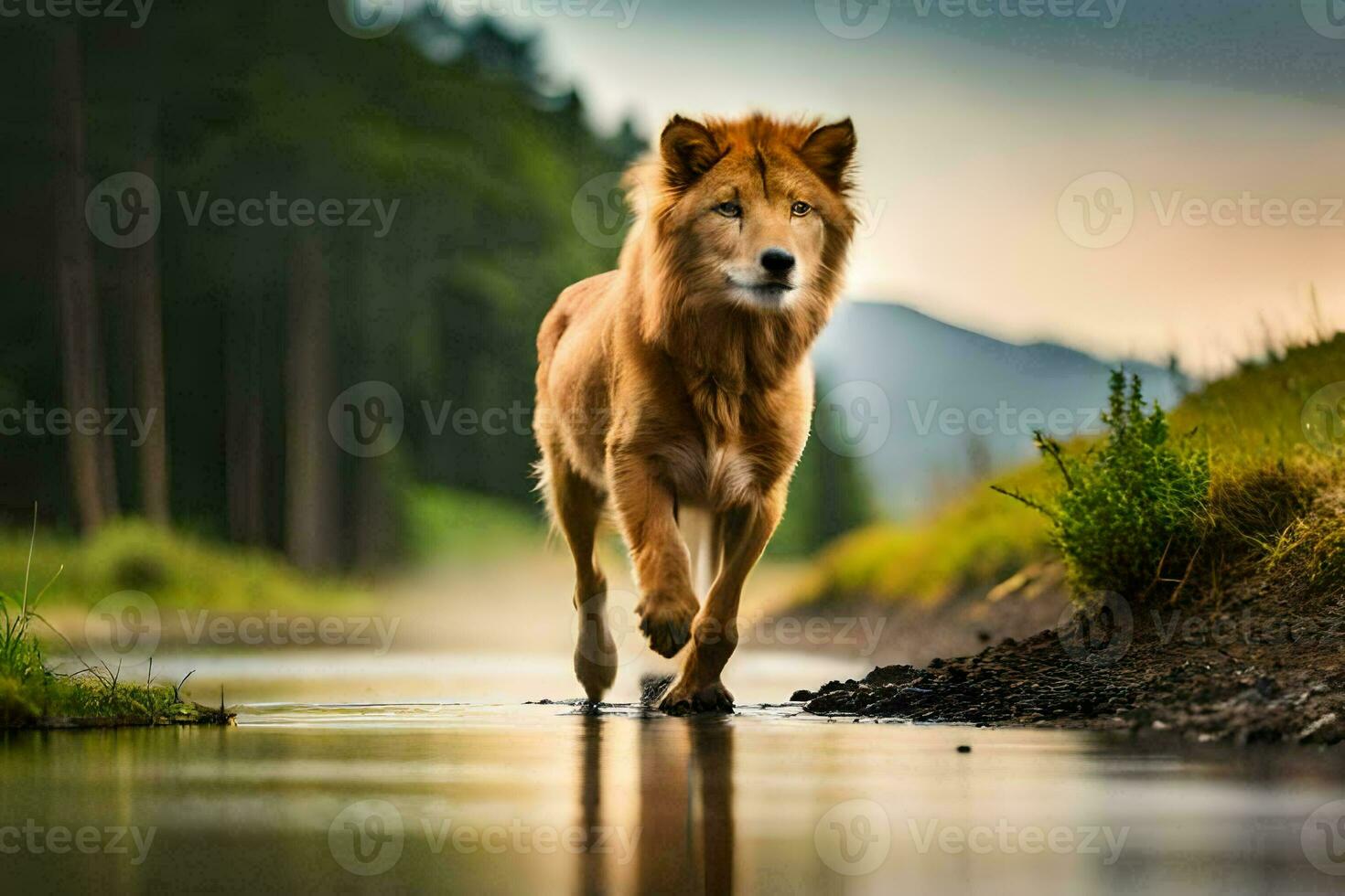 une Lion en marchant à travers une courant dans le forêt. généré par ai photo