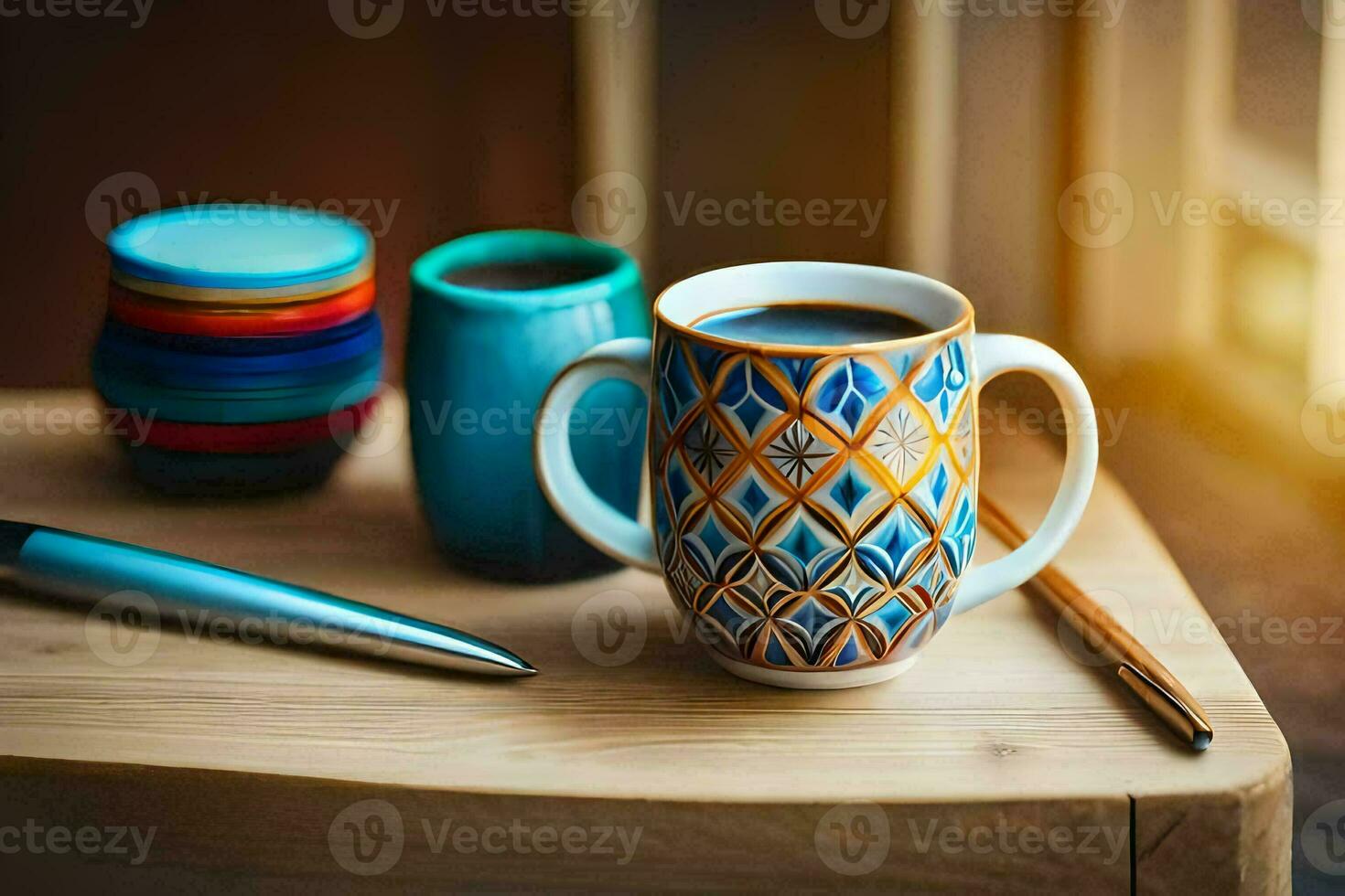 une café tasse, stylo et une tasse de café sur une tableau. généré par ai photo