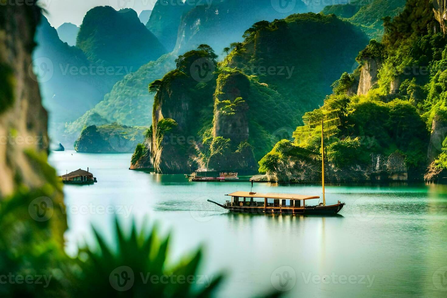 bateaux dans le l'eau près montagnes. généré par ai photo