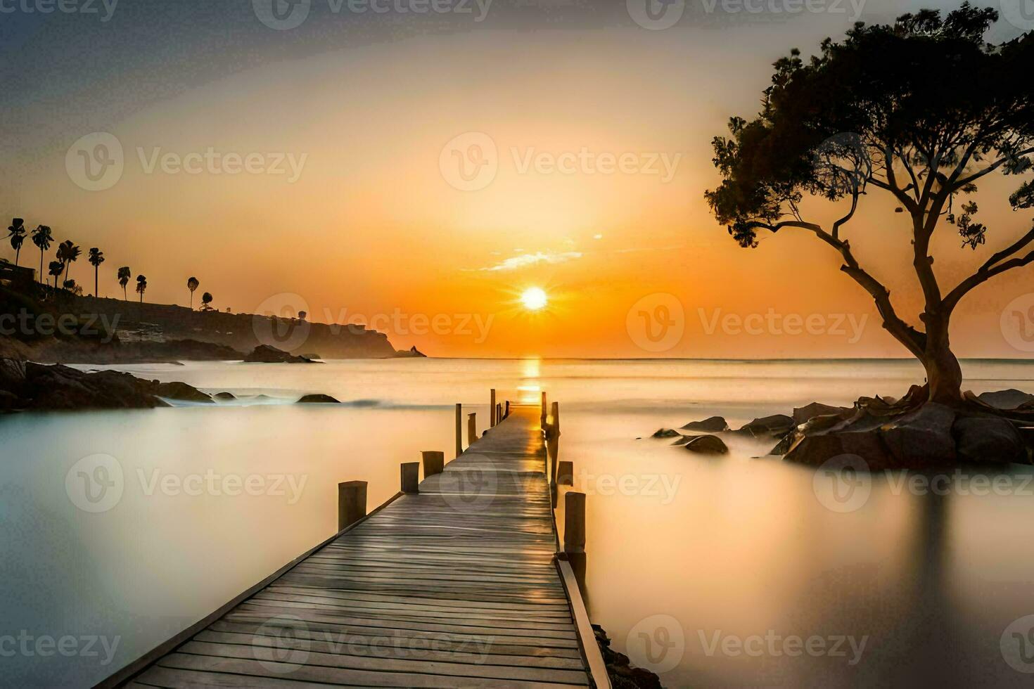 une longue jetée s'étire dans le océan à le coucher du soleil. généré par ai photo