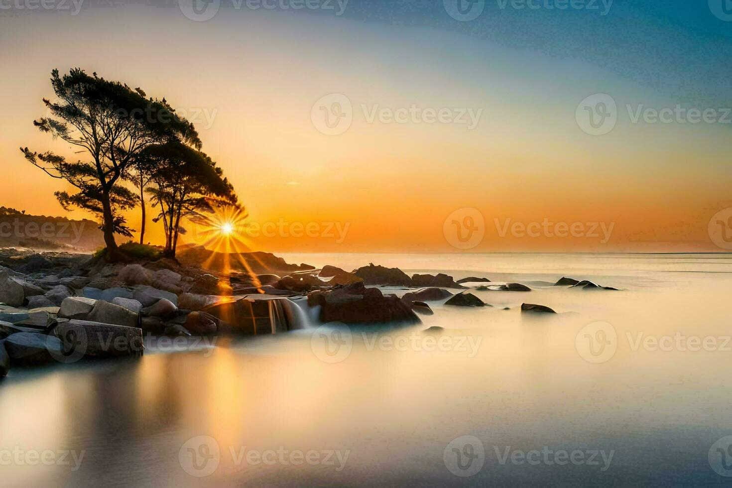 une arbre des stands sur le rochers à le coucher du soleil. généré par ai photo