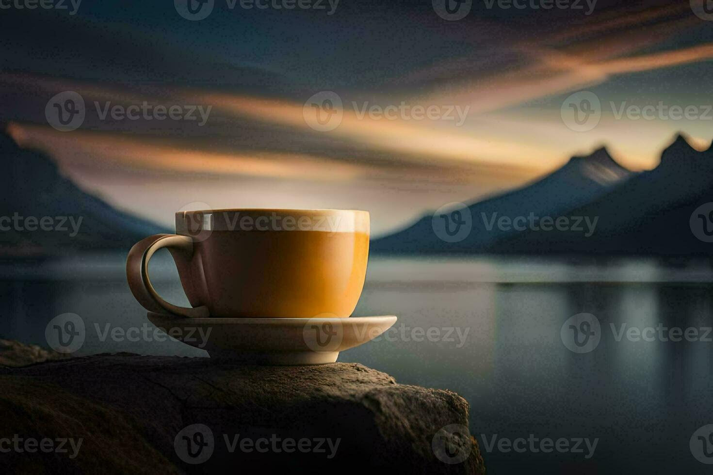 une tasse de café sur le rochers. généré par ai photo