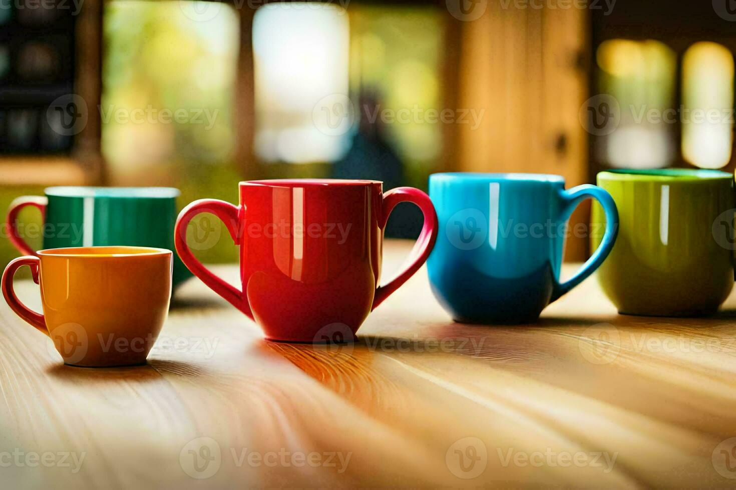 coloré café tasses sur une en bois tableau. généré par ai photo