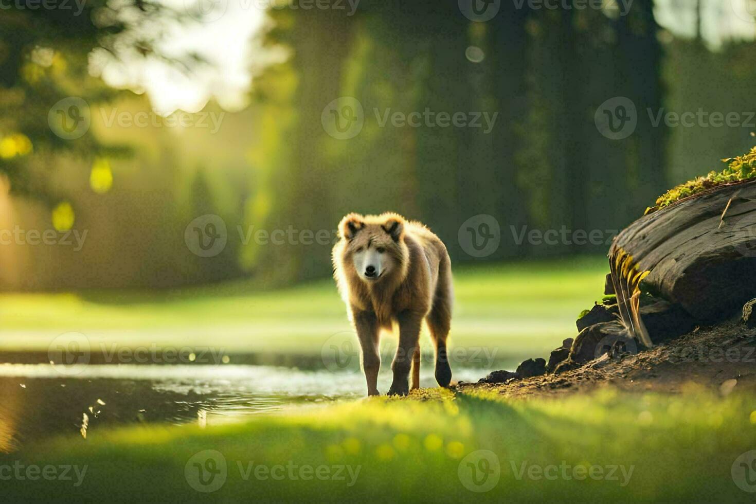 une Loup est en marchant le long de une chemin près une lac. généré par ai photo