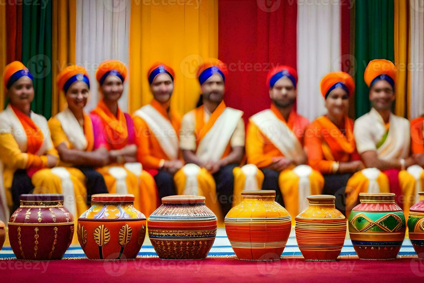 une groupe de gens dans coloré turbans séance autour une table avec coloré marmites. généré par ai photo