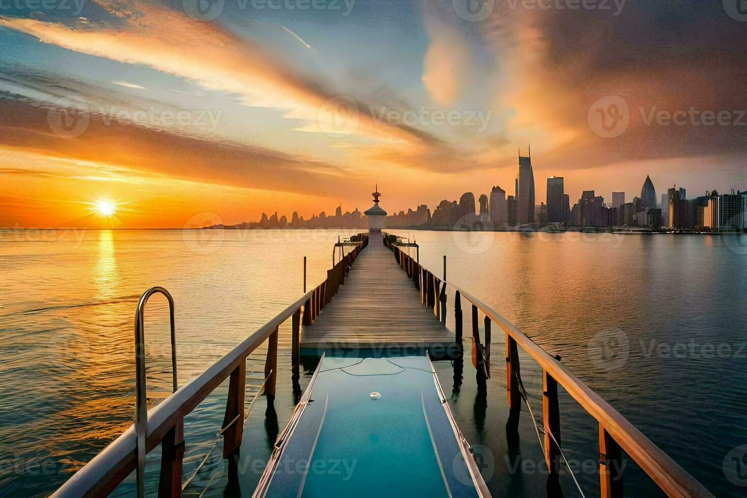 une jetée avec une bassin et une ville horizon à le coucher du soleil. généré par ai photo