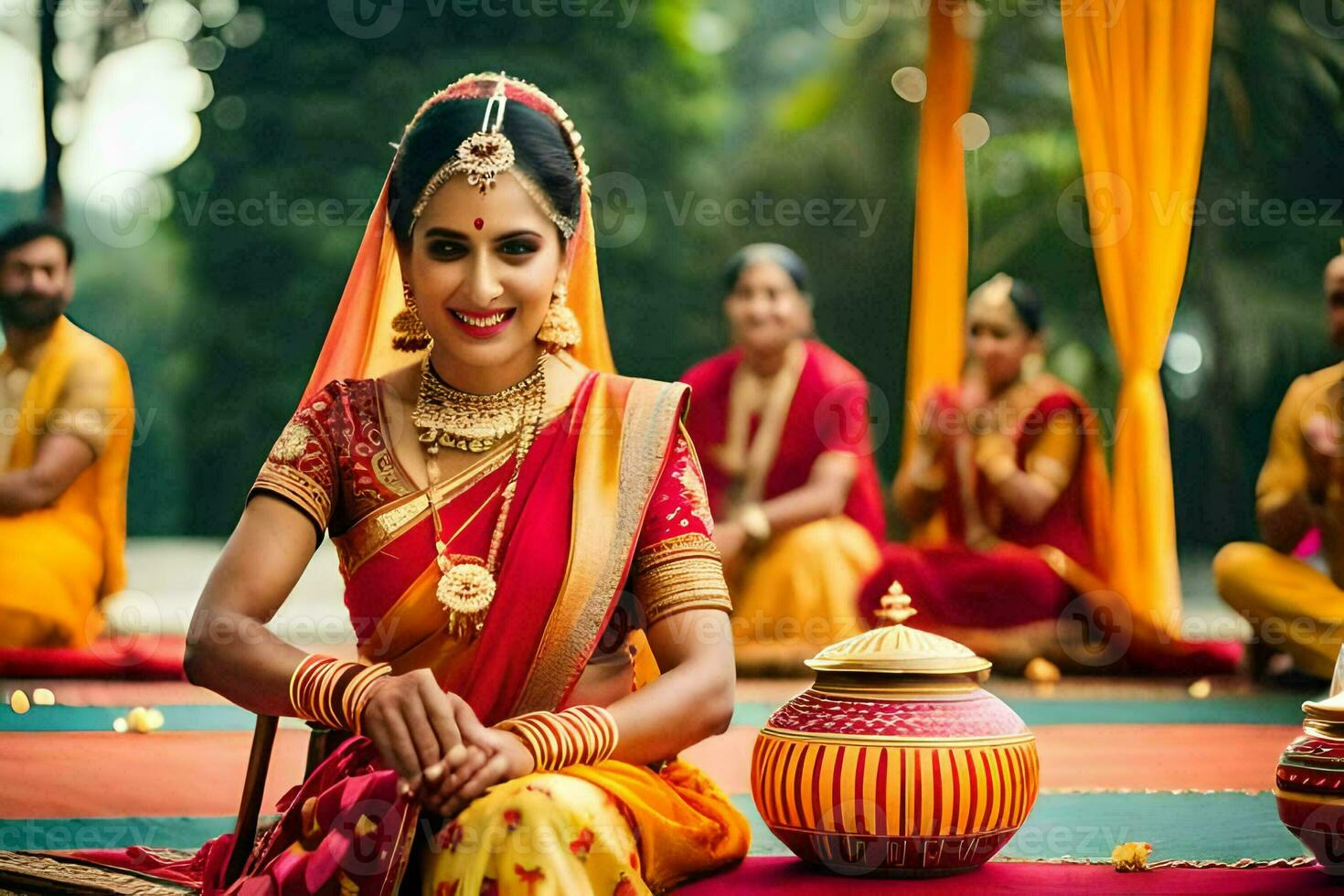 une magnifique Indien la mariée séance sur le sol avec sa famille. généré par ai photo