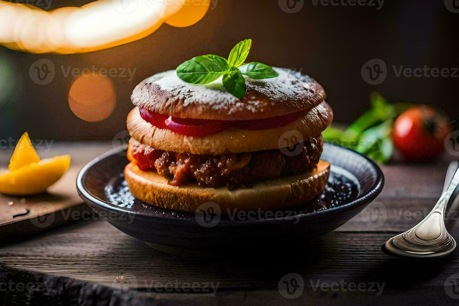 une Hamburger avec tomate et fromage sur une plaque. généré par ai photo