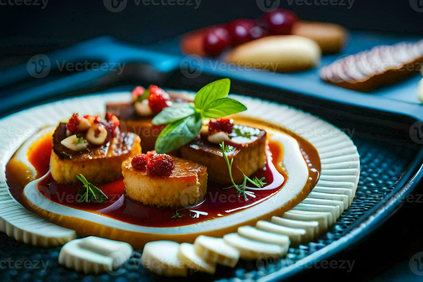 une assiette avec nourriture sur il et une noir plateau. généré par ai photo