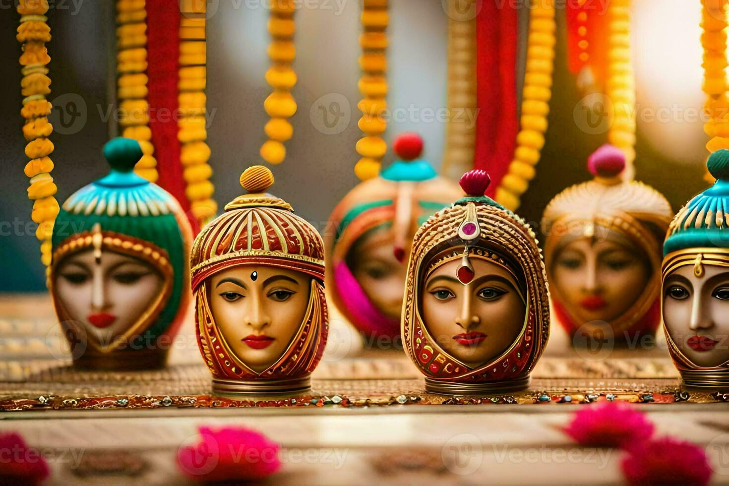 Indien poupées avec coloré visages sur une tableau. généré par ai photo