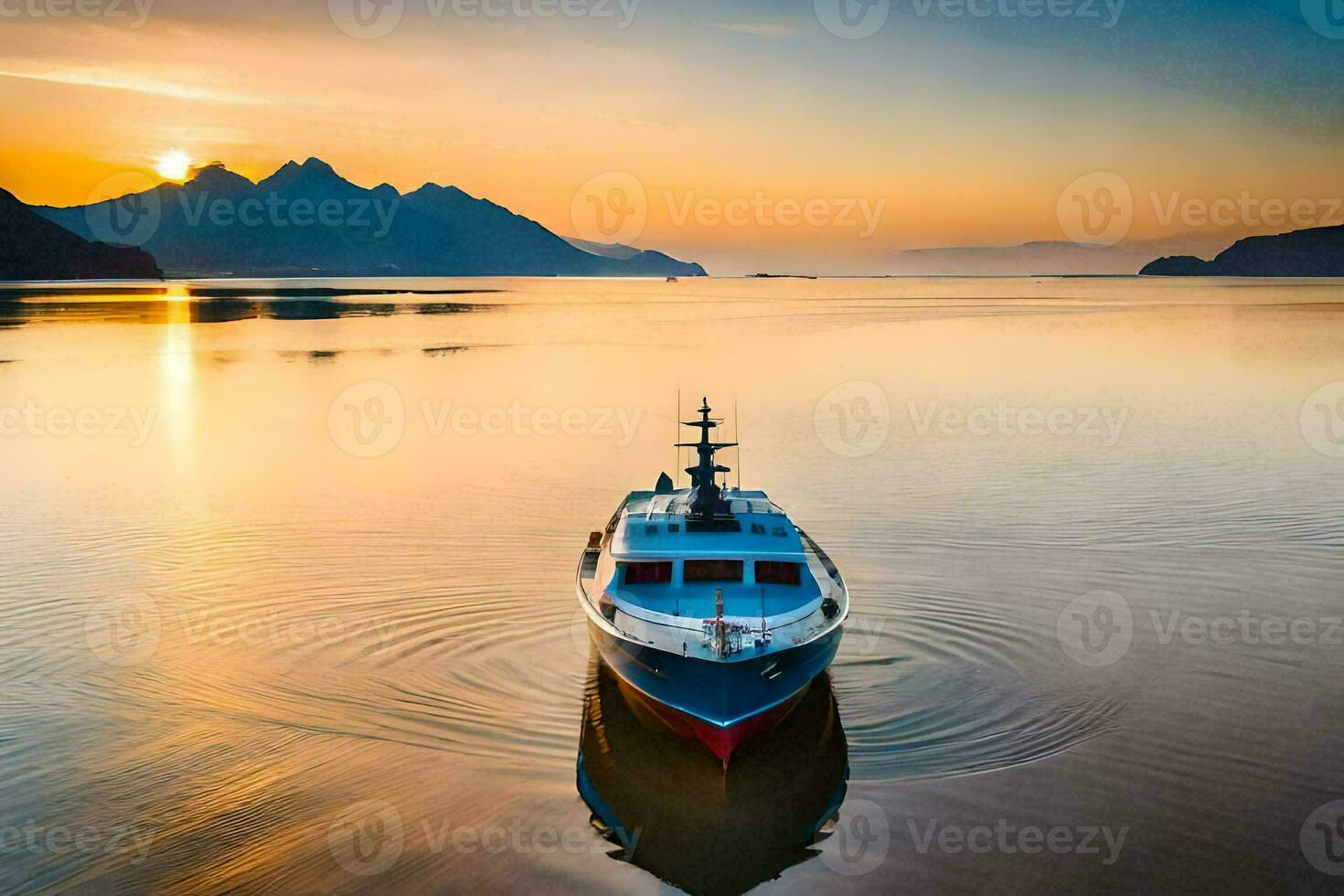 une bateau dans le l'eau à le coucher du soleil. généré par ai photo