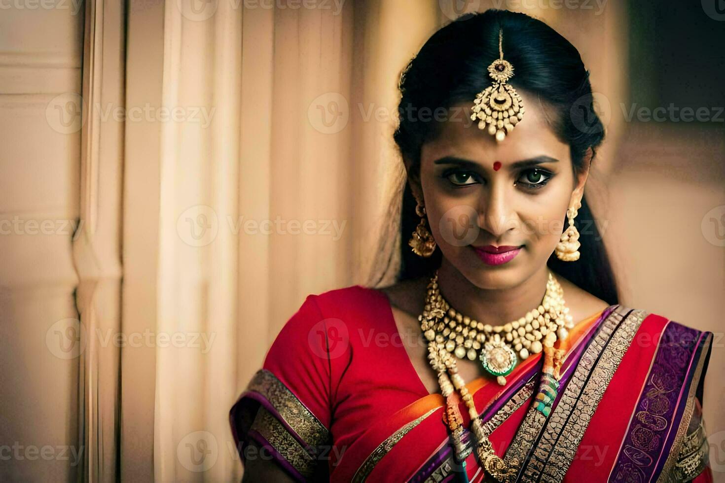 une magnifique Indien la mariée dans une rouge sari. généré par ai photo