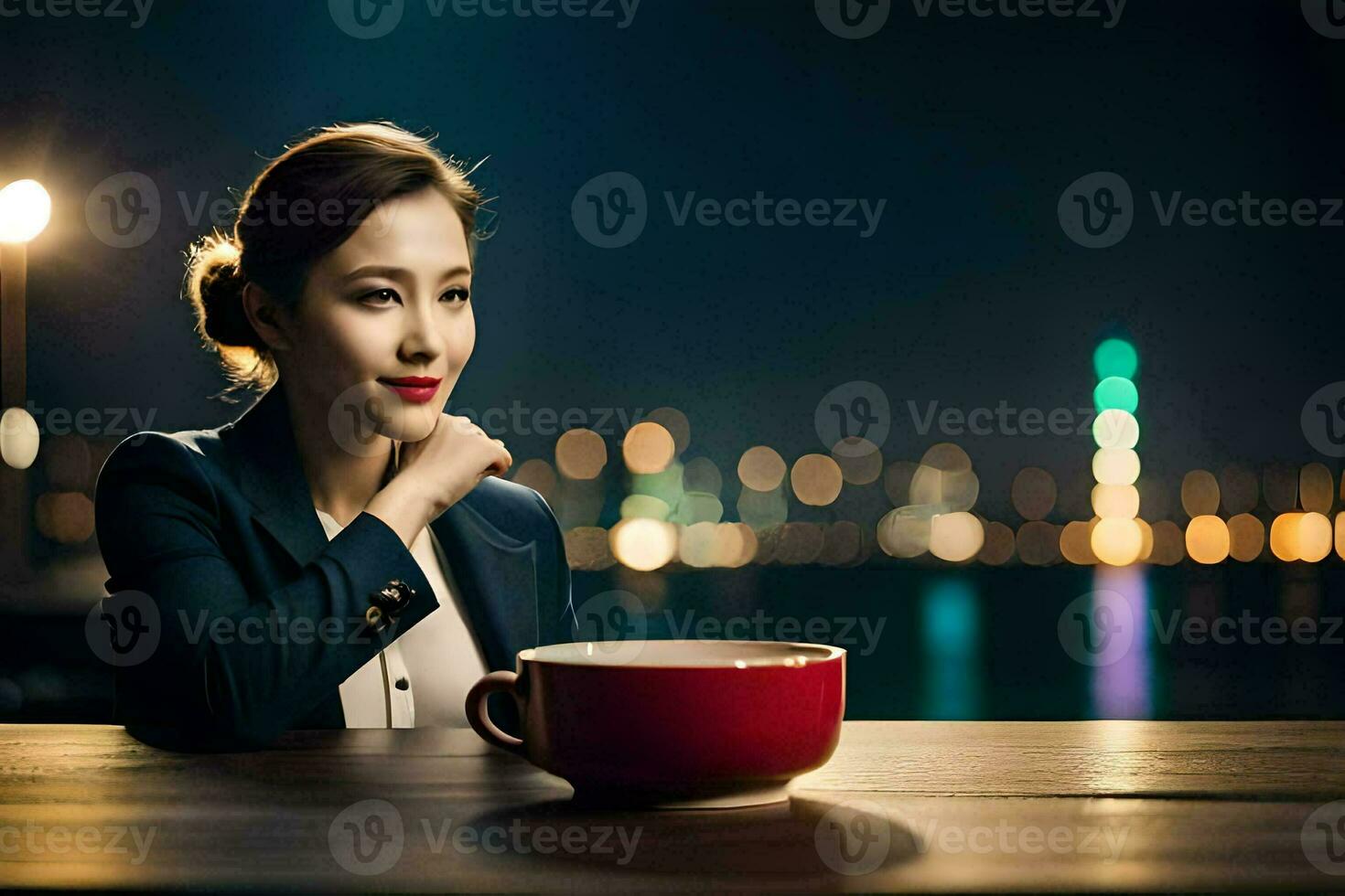 une femme séance à une table avec une tasse de café. généré par ai photo