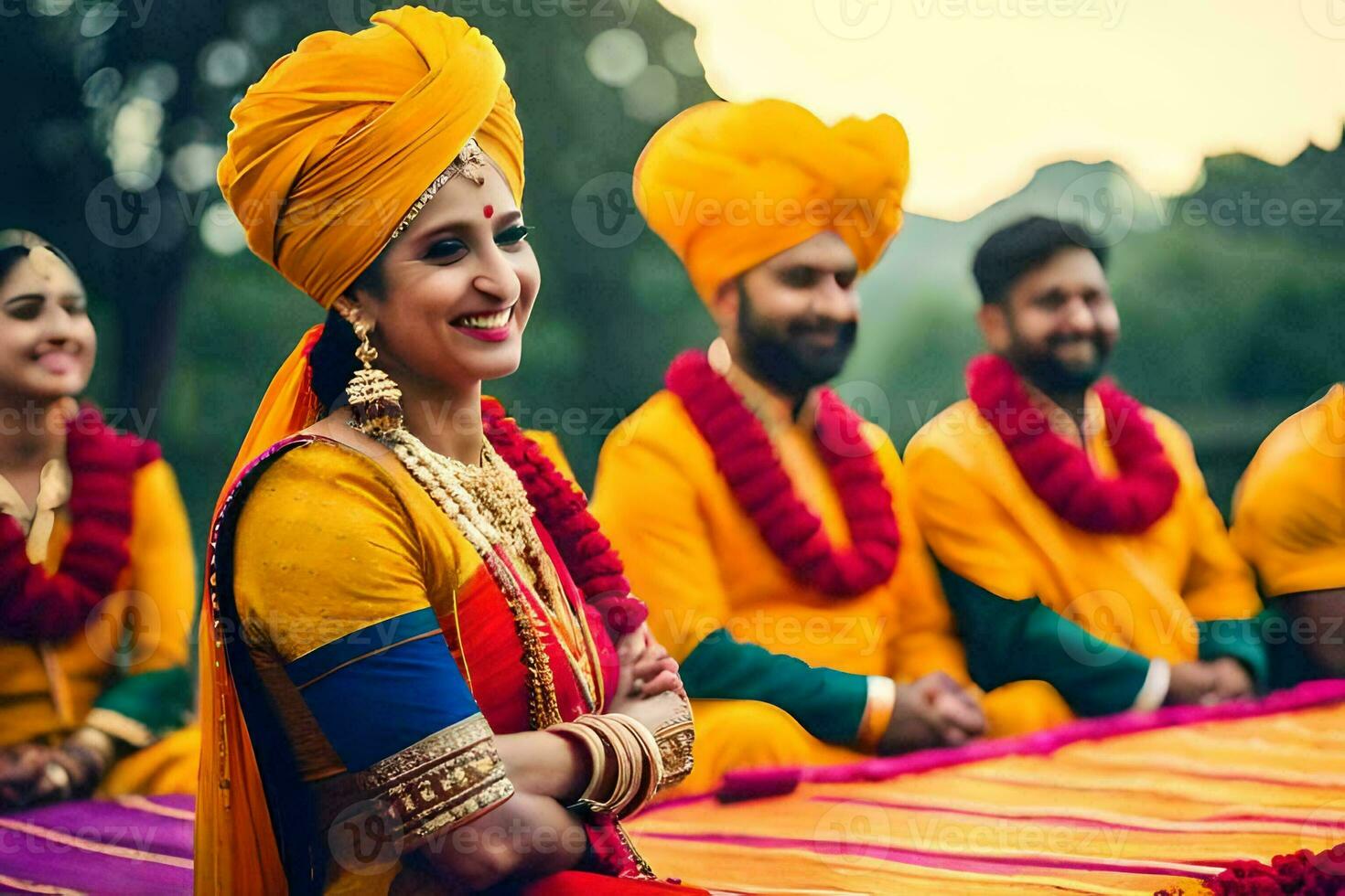 une la mariée et jeune marié dans traditionnel Indien tenue. généré par ai photo