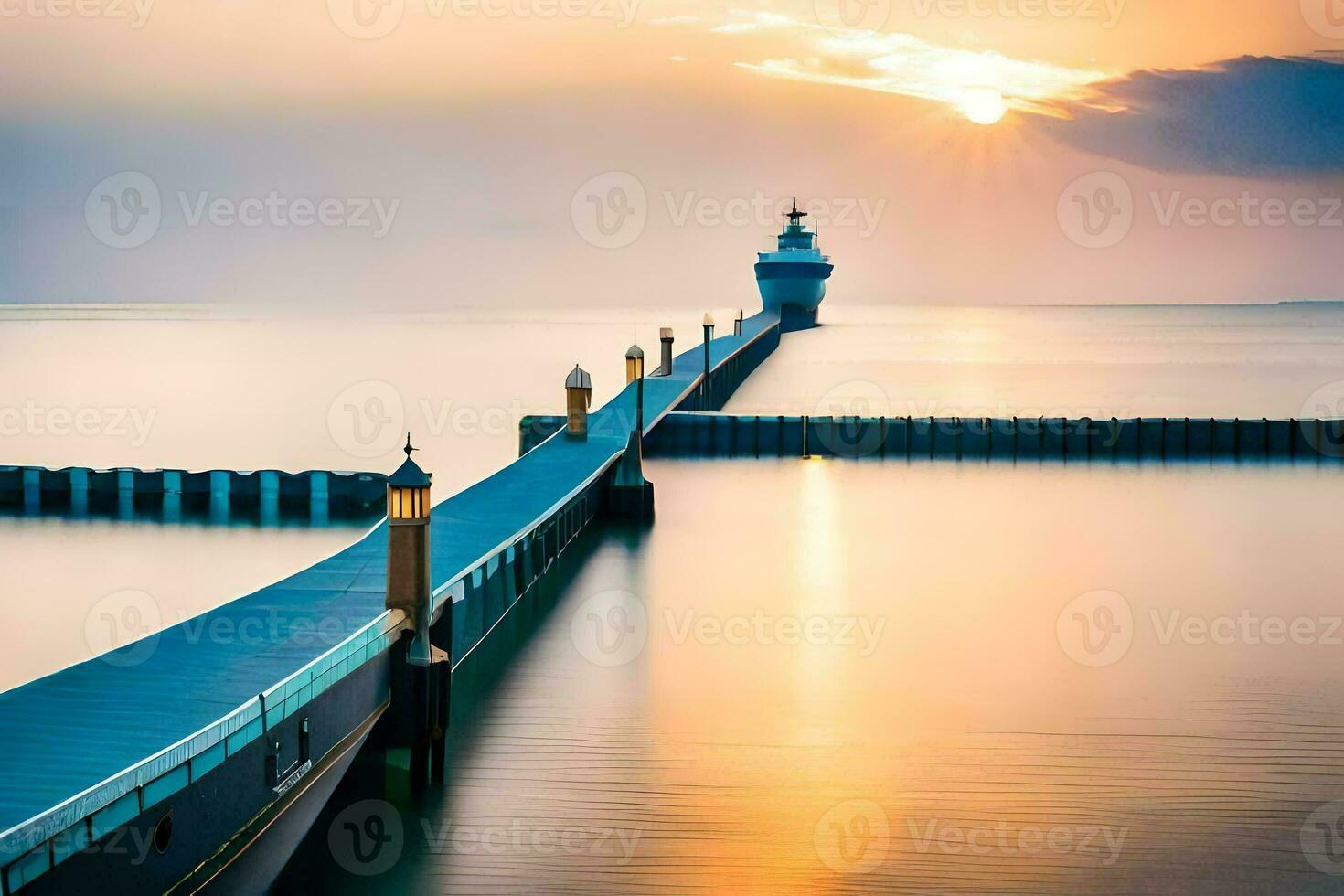 une longue exposition photographier de une phare à le coucher du soleil. généré par ai photo