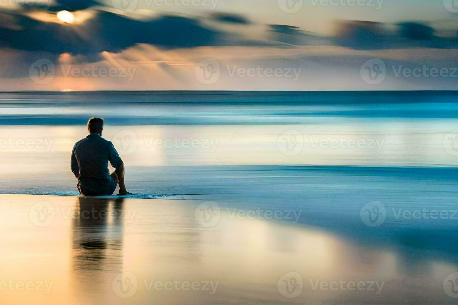 une homme séance sur le plage à le coucher du soleil. généré par ai photo