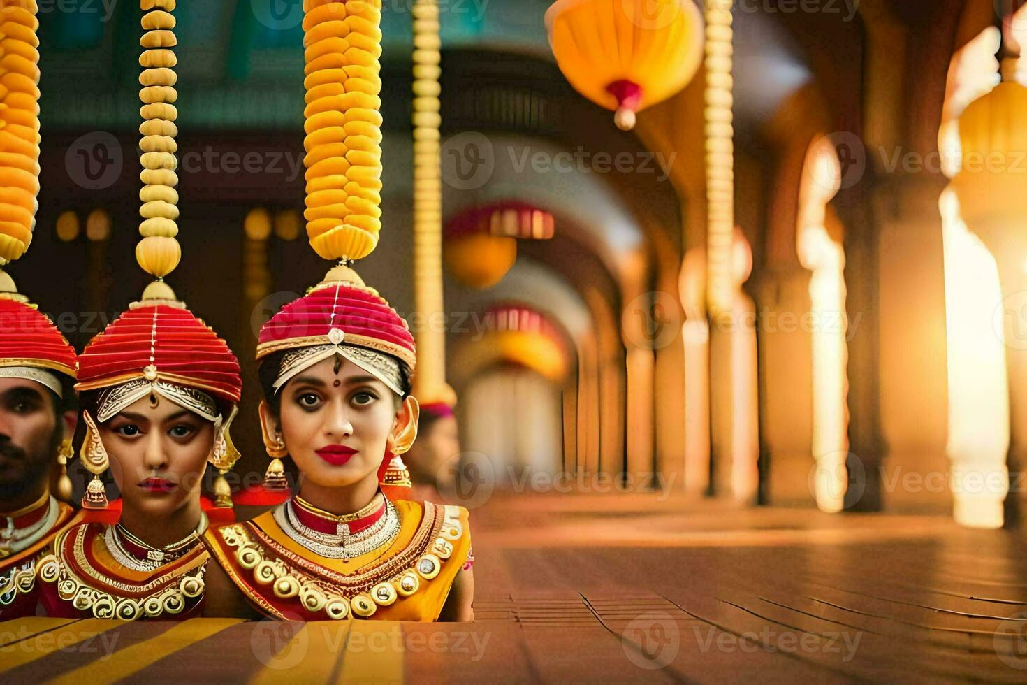 Trois femmes dans traditionnel Indien déguisements. généré par ai photo