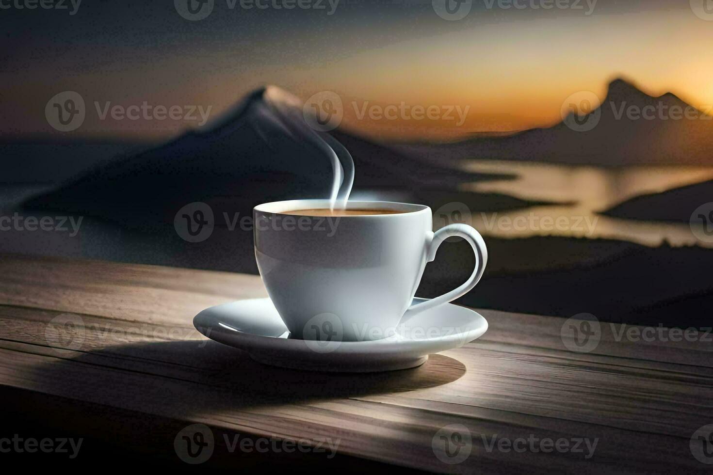 une tasse de café sur une table avec montagnes dans le Contexte. généré par ai photo