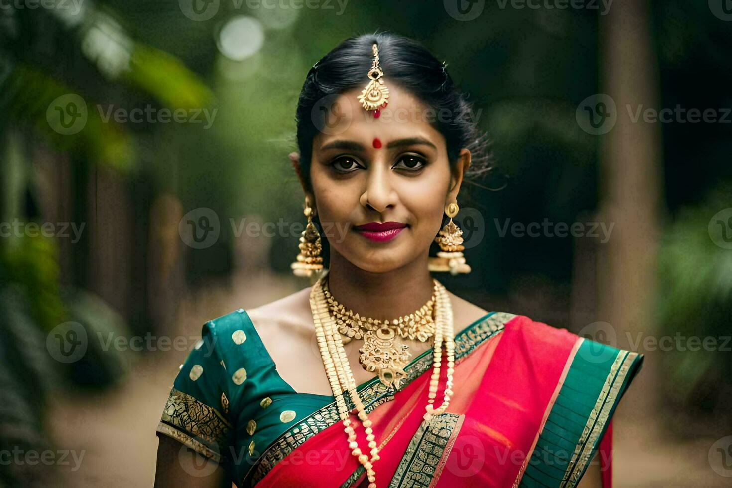 magnifique Indien la mariée dans traditionnel sari. généré par ai photo