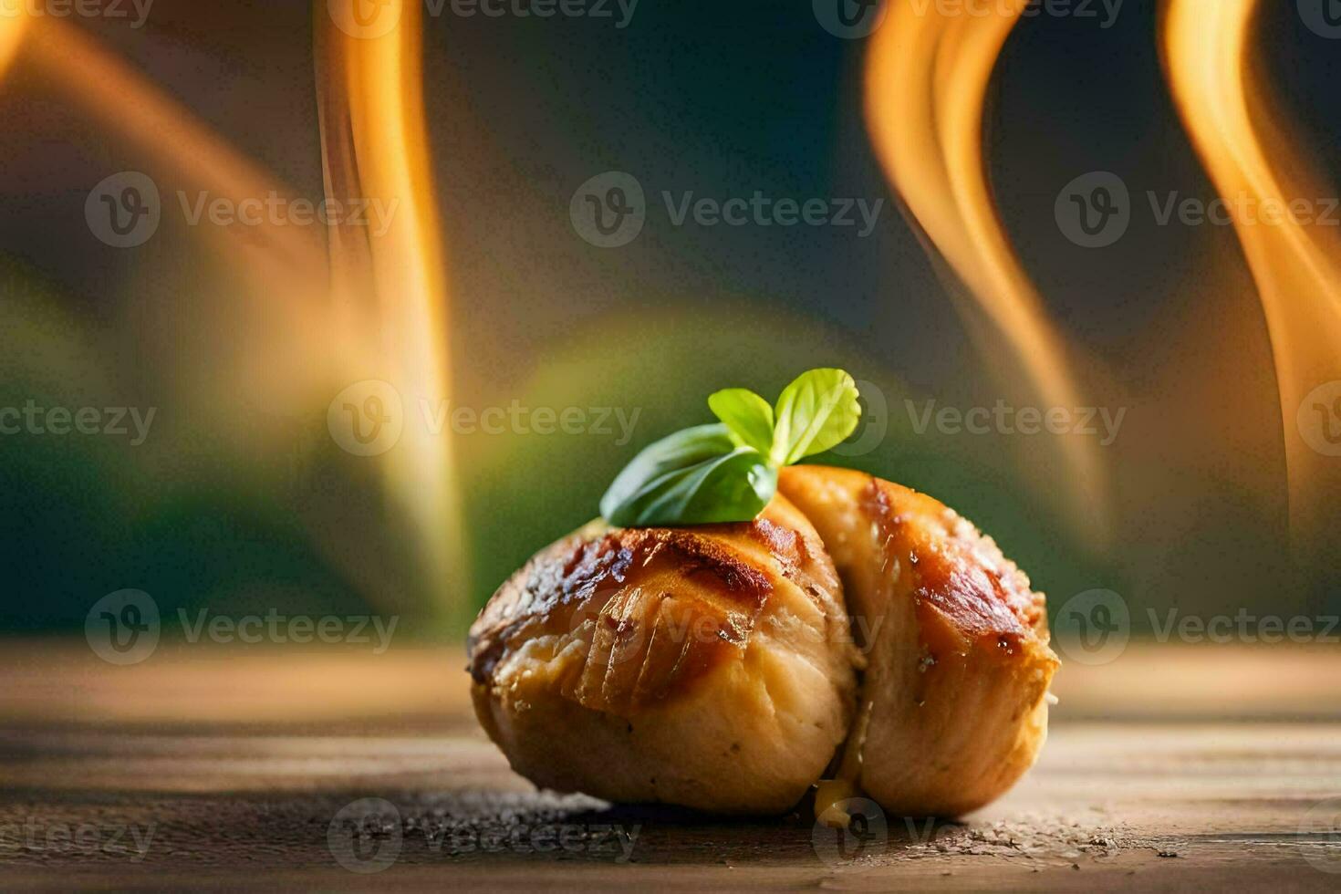 grillé poulet sur une en bois table avec Feu. généré par ai photo